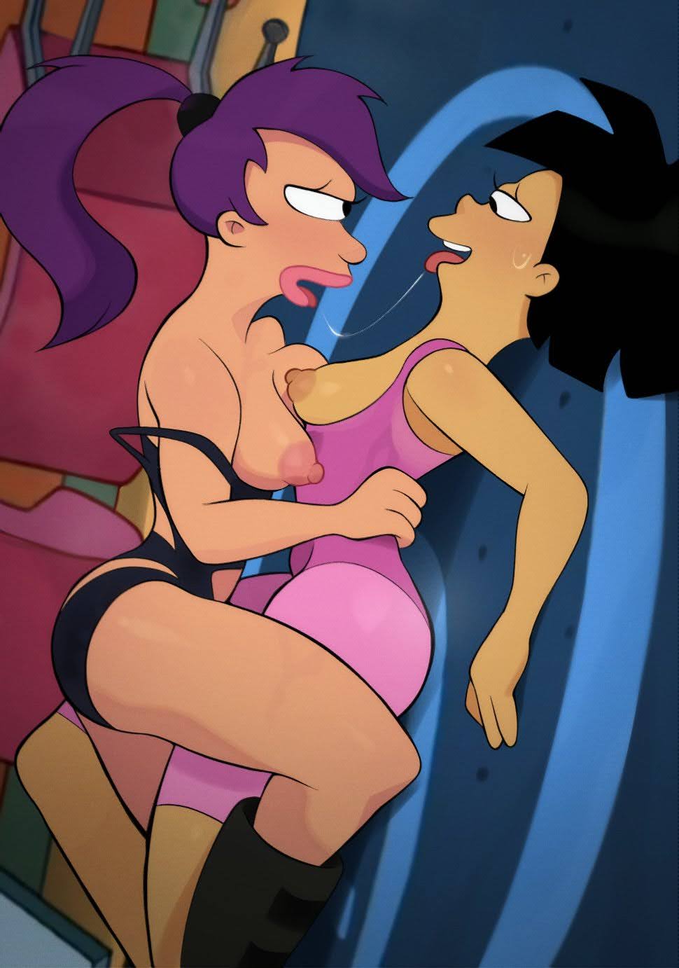 2girls, after kiss, against wall, amy wong, black hair, black panties, blush, bodysuit, boots, breast press, breasts, breasts out, clothing, dark skin, dark-skinned female, female, futurama, hand on another's waist, leg between thighs, leotard pull, long hair, medium breasts, multiple girls, newguy1091, nipples, open mouth, panties, pink bodysuit, ponytail, purple hair, saliva, saliva trail, short hair, strap slip, sweat, sweatdrop, tank top, tongue, tongue out, turanga leela, underwear, upper teeth only, yuri