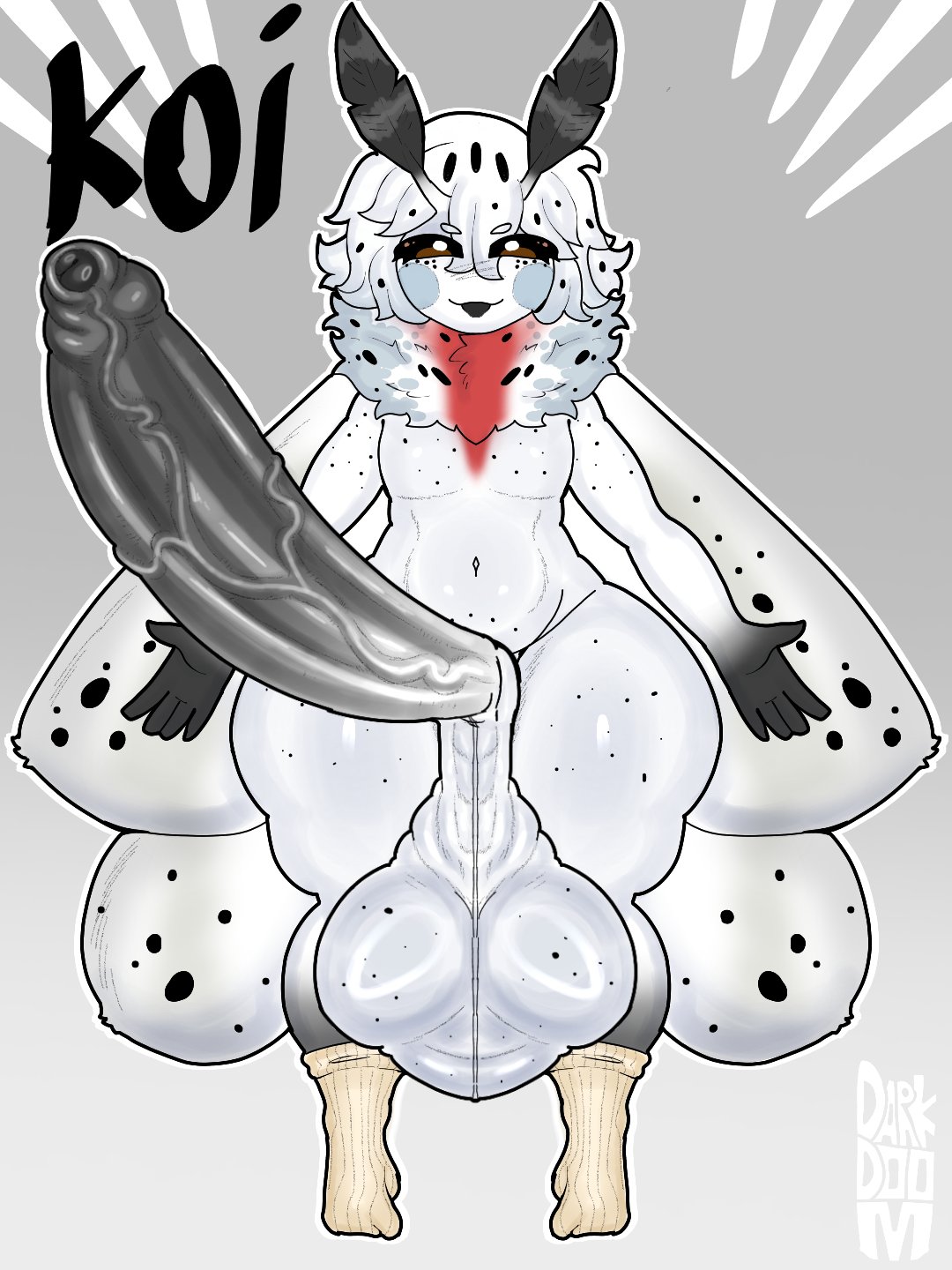 1boy, alternate version available, antennae (anatomy), anthro, arthropod, balls, big balls, big penis, brown hair, character sheet, curvaceous, curvy, curvy figure, darkdoom, english text, erection, femboy, foreskin, front view, girly, grey background, huge balls, huge cock, hung trap, hyper balls, hyper penis, insects, koi (darkdoom), lepidopteran, long hair, looking at viewer, low hanging balls, male, male only, more at source, moth, multicolored background, nude, partially retracted foreskin, penis, retracted foreskin, shortstack, shortstack femboy, socks, socks only, solo, solo male, spotted hair, spotted wings, text, thick thighs, uncircumcised, voluptuous, voluptuous male, white background, white hair, wide hips, wings