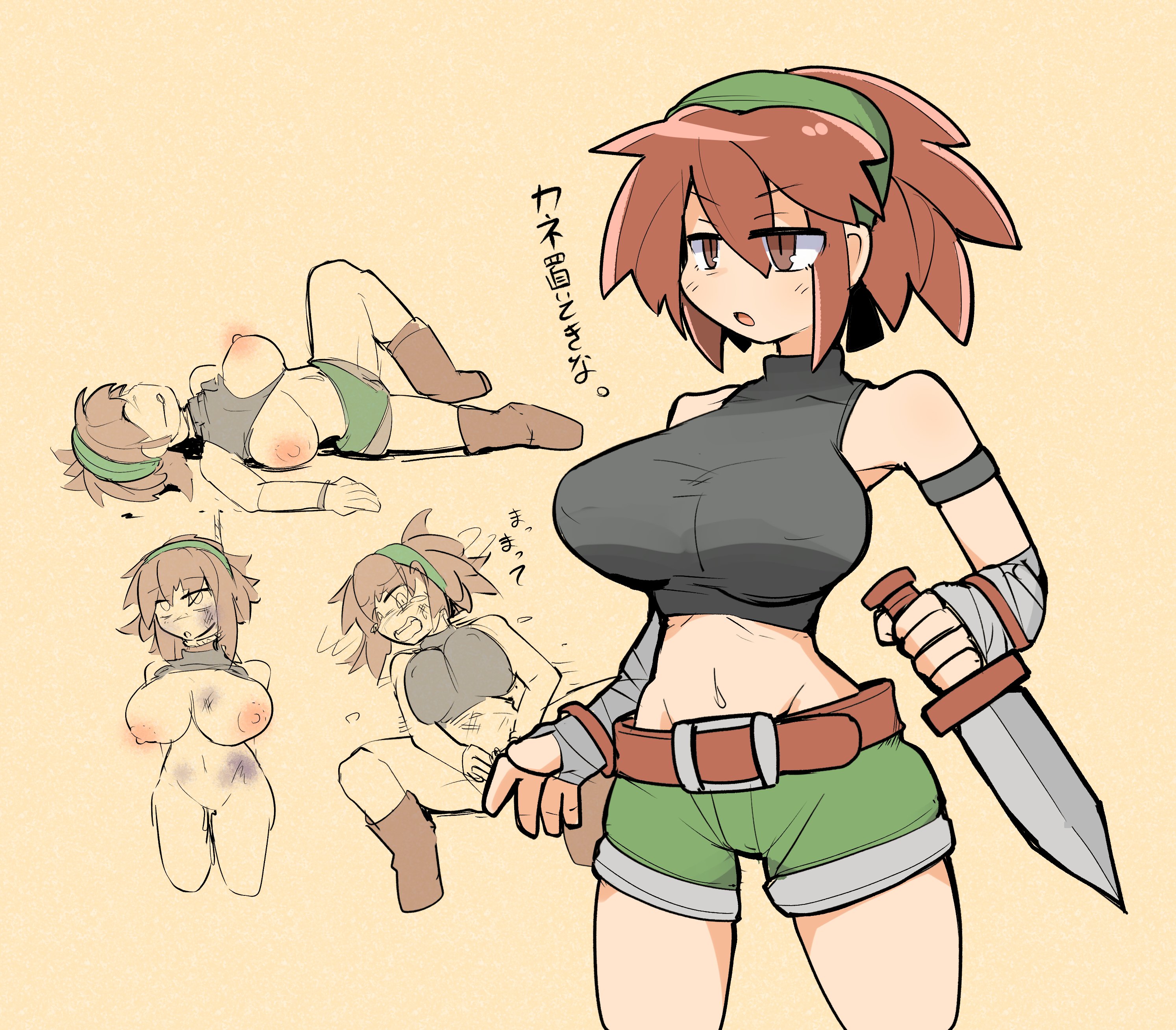 1girls, after rape, bandit, bandit (tales of destiny 2), begging for mercy, big breasts, black crop top, breasts, breasts out, bruise, crop top, cum drip, curvaceous, defeated, defeated villainess, enemy, eyes rolling back, female, green shorts, hanged, headband, japanese text, knife, large breasts, light-skinned female, midriff, ryona, sheila ship2, short hair, shorts, sleeveless, tales of (series), tales of destiny 2, text