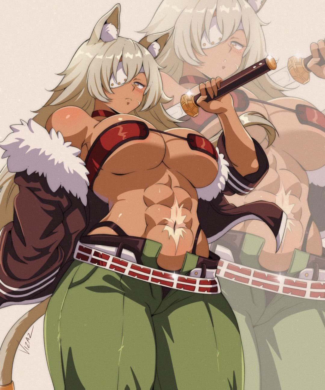 abs, animal ears, bandeau, bare shoulders, belt, black jacket, black panties, blush, breasts, cat ears, cat girl, cat tail, choker, closed mouth, dark skin, dark-skinned female, eyepatch, facial scar, female, fur trim, fur-trimmed jacket, ghislaine dedoldia, green pants, grey hair, hair between eyes, highleg, highleg panties, highres, holding, holding sword, holding weapon, jacket, large breasts, long hair, looking at viewer, muscular, muscular female, mushoku tensei, navel, off shoulder, one-eyed, open belt, open pants, over shoulder, panties, pants, red bandeau, red choker, scar, scar on cheek, scar on face, scar on stomach, signature, solo, stomach, sword, sword over shoulder, tail, tail ornament, tail ring, thick thighs, thighs, underboob, underwear, vizaz, weapon, weapon over shoulder, zoom layer