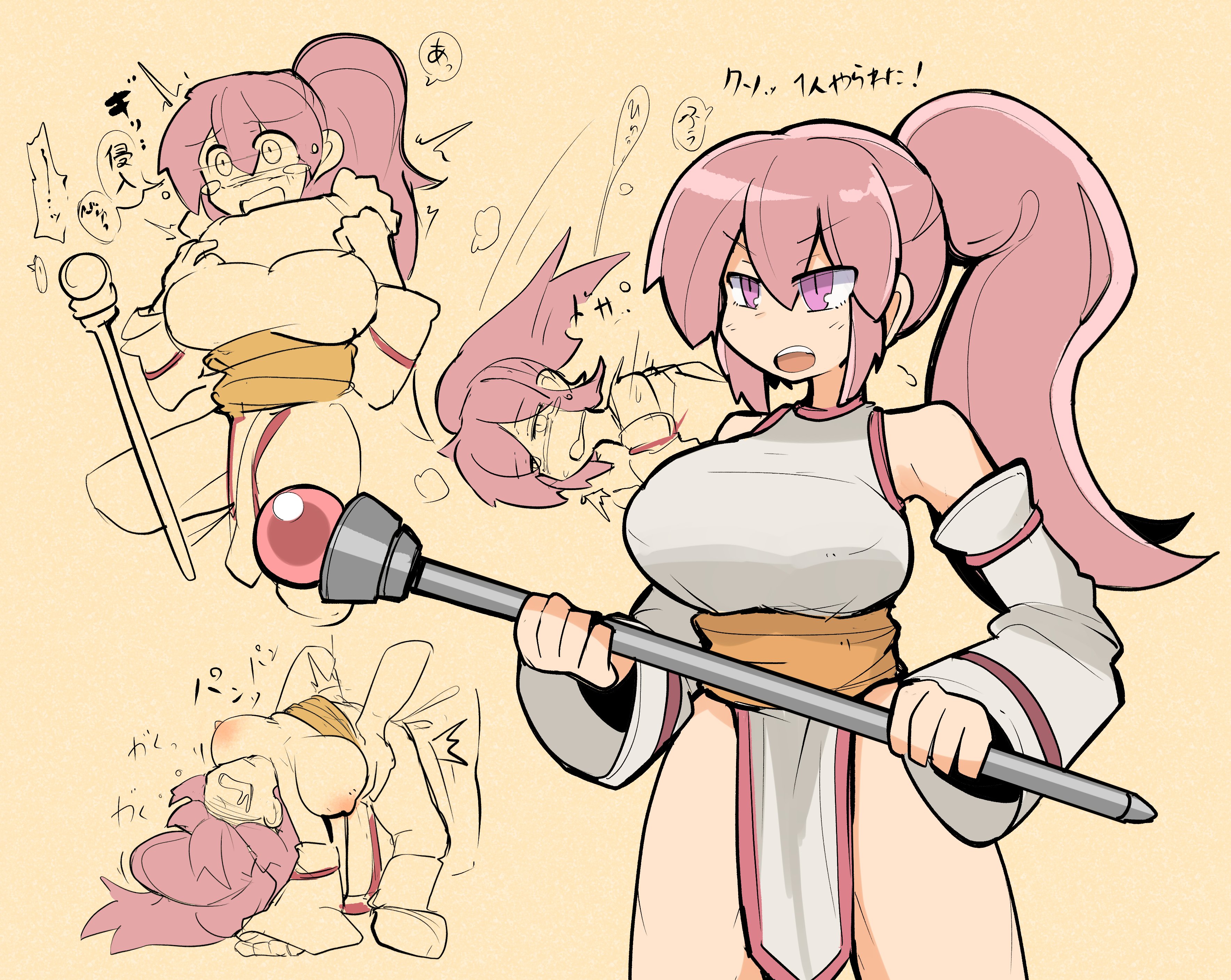 1girls, asphyxiation, bare legs, bare shoulders, bare thighs, begging for mercy, big breasts, breasts, breasts out, choke hold, curvaceous, curvy, defeat rape, defeated, defeated female, defeated villainess, defeated with sex, detached sleeves, dominated female, enemy, female, forced, fucked into submission, hourglass figure, japanese text, large breasts, light-skinned female, mind break, pelvic curtain, pink eyes, pink hair, ponytail, priestess (tales of destiny), rape, raped, raped into submission, ryona, sex, sheila ship2, staff, submissive female, tales of (series), tales of destiny, text, unconscious, unconscious sex, voluptuous