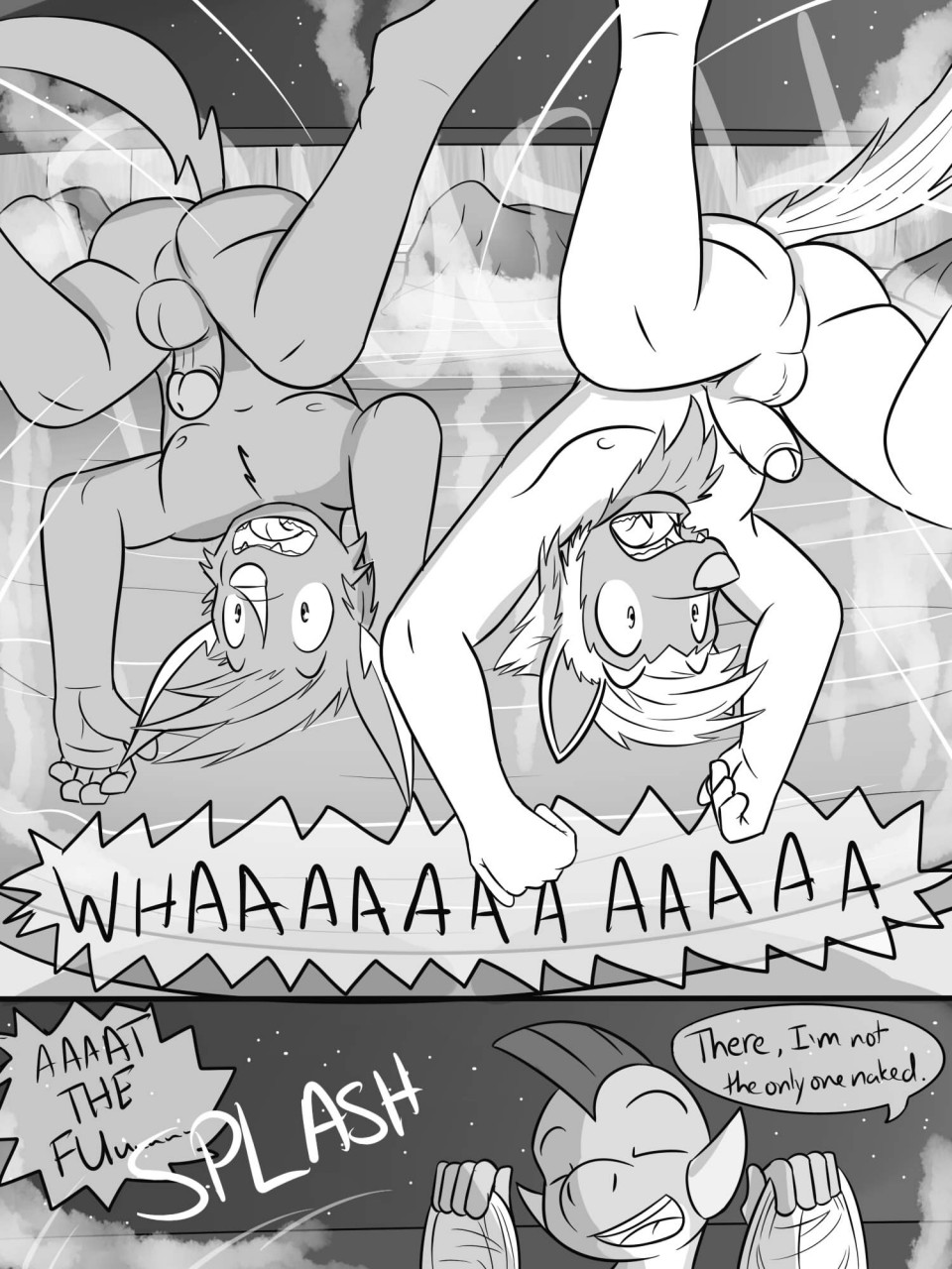 anthro anthrofied athletic balls closed_eyes comic dialogue electrike english_text flaccid fuze greyscale hi_res hot_spring male male_only marshtomp monochrome nintendo nipples nude open_mouth partially_retracted_foreskin pecs penis perineum pokemon pokemon_(species) poochyena text uncut video_games water wide_eyed