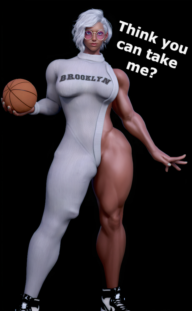 3d, 3d (artwork), basketball, breasts, brooklyn sweater, bulge, bulge through clothing, bulge under clothes, dark skin, dark-skinned futa, elena (street fighter), flaccid, flaccid penis, futa only, futanari, glasses, hdregrets, large penis, looking at viewer, meme, muscular, muscular futa, nike, nike (company), penis, short hair, sneakers, street fighter, sunglasses, talking to viewer, white hair