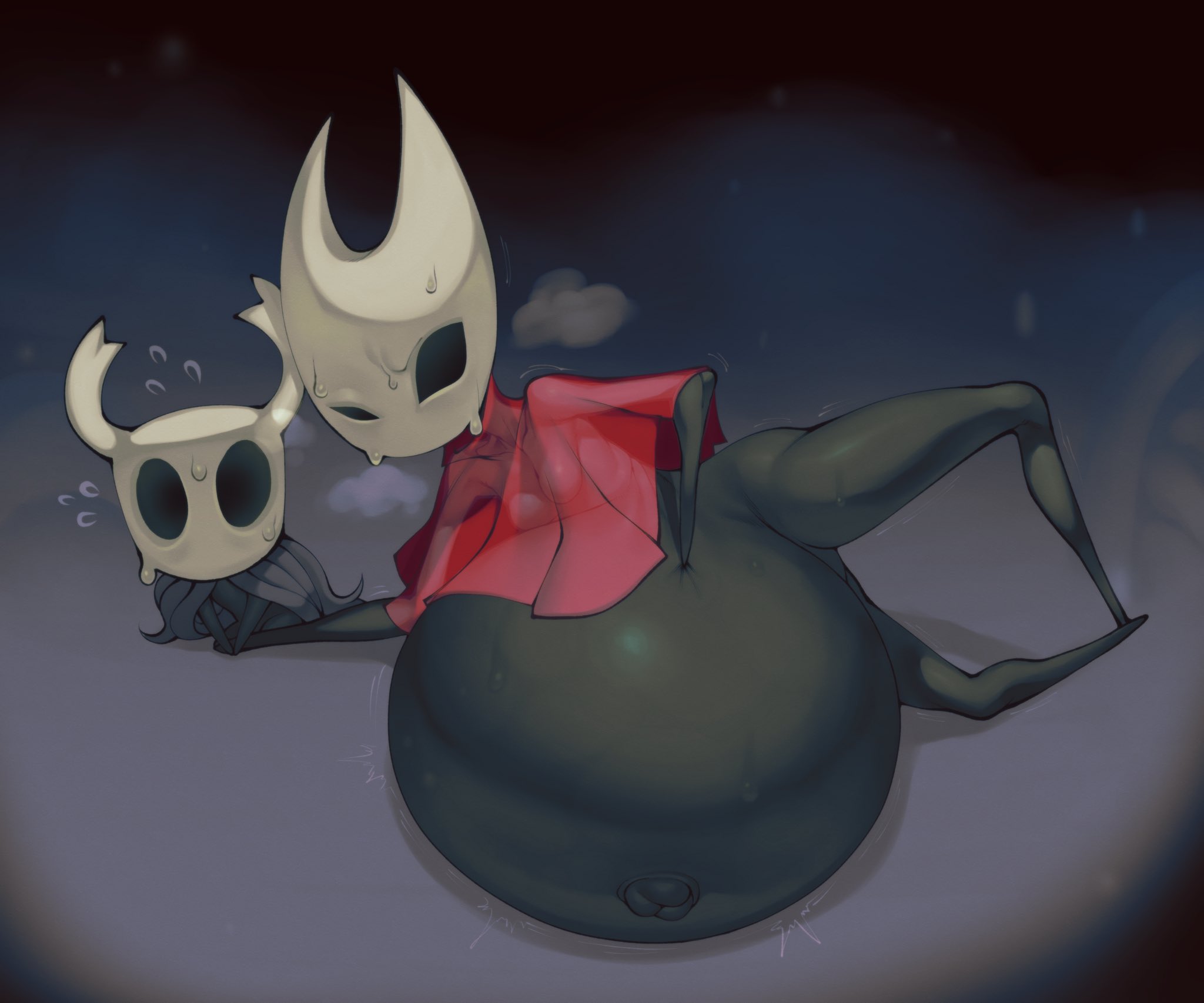 1girls, alternate version at source, arachnid, breasts, cape, discomfort, female, functionally nude, hellbrain, holding hand, hollow knight, hornet (hollow knight), hyper pregnancy, incest, insects, on side, popped navel, pregnant, see-through clothing, small breasts, sweat, the knight (hollow knight), thick thighs, vessel (species)