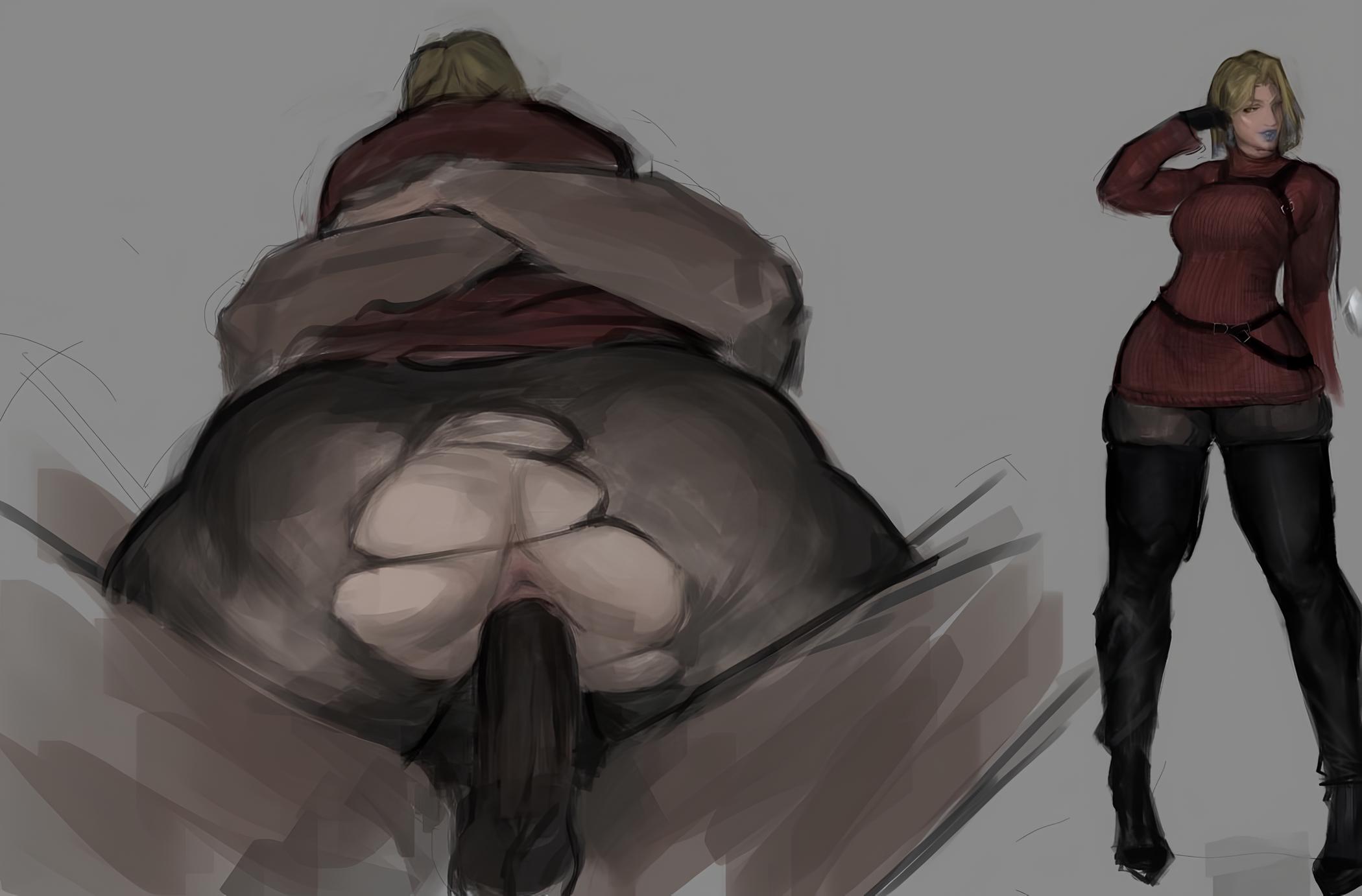 ada wong (cosplay), anus, ass, ass focus, blonde female, blonde hair, dark-skinned male, emma frost, emma frost (marvel rivals), fatteacoffee, female, high heels boots, male, marvel, marvel comics, marvel rivals, penis, resident evil, short hair, sweater, tight clothing, tights