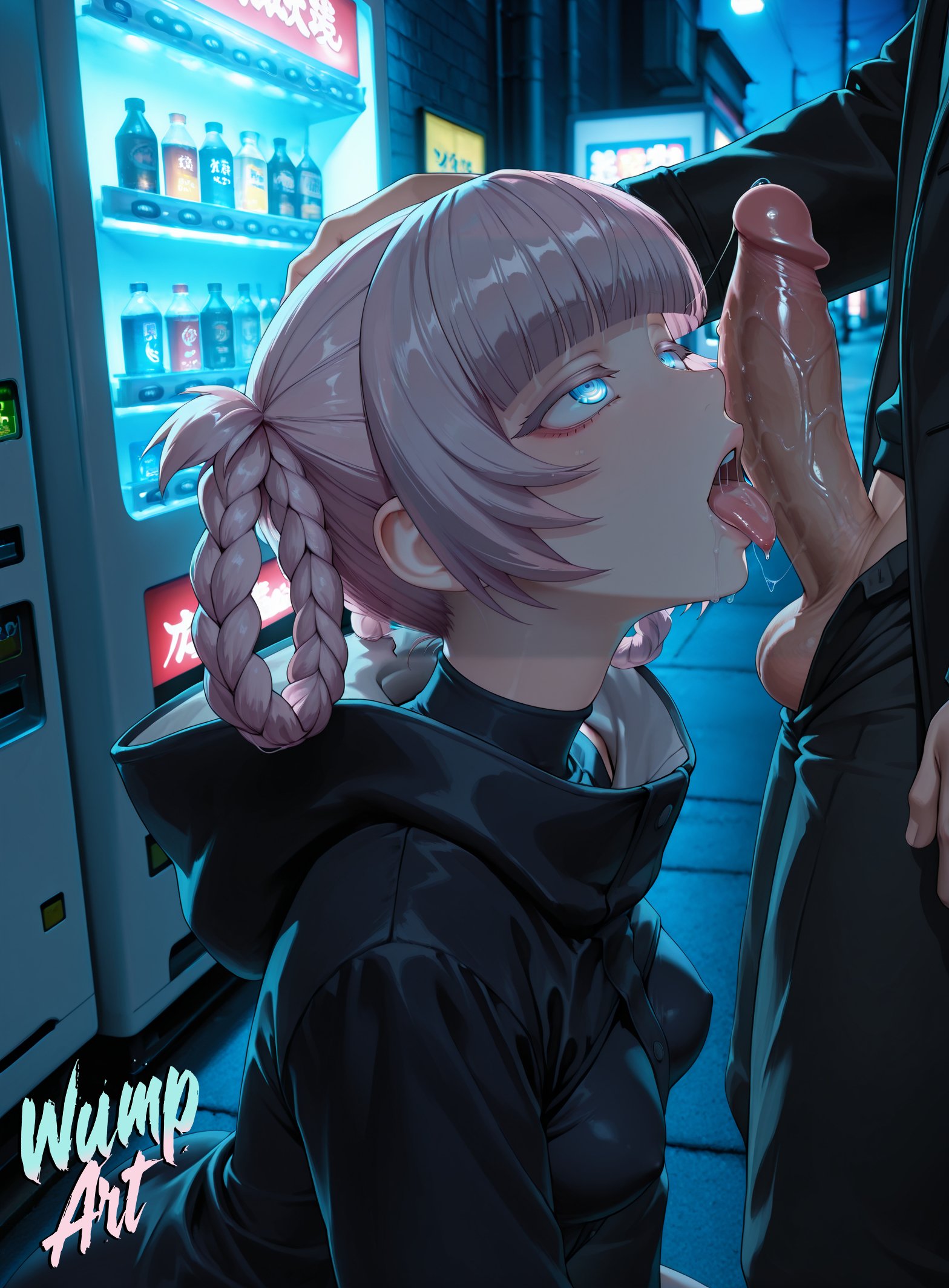 1boy, ai generated, balls, black cloak, blue eyes, blunt bangs, braid, braided hair rings, breasts, call of the night, can, cloak, covered nipples, erection, fellatio, female, grey hair, hair rings, hand on another's head, hood, licking, licking penis, looking up, male, nanakusa nazuna, night, open mouth, oral, outdoors, penis, ringed eyes, saliva, short hair, solo focus, straight, testicles, tongue, tongue out, turtleneck, uncensored, vending machine, wumpart, yofukashi no uta