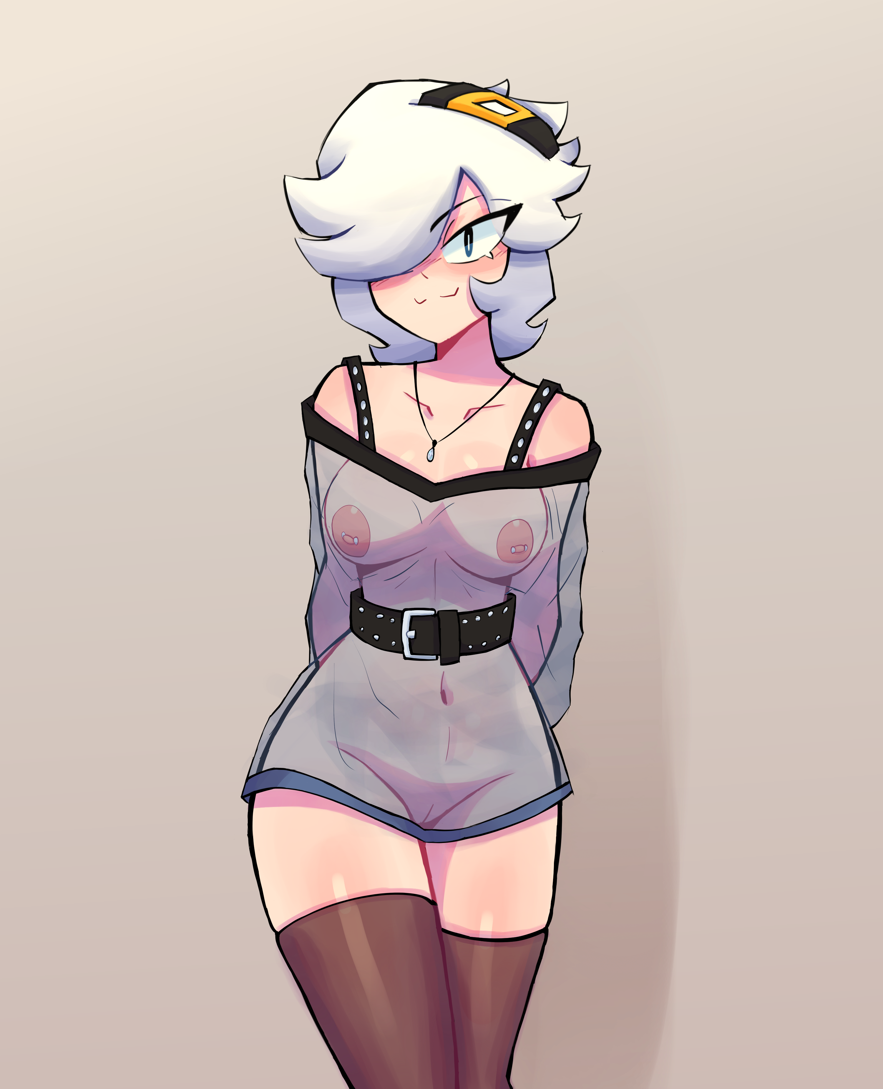 big breasts, big thighs, brawl stars, breasts, colette (brawl stars), huge thighs, light skin, light-skinned female, looking at viewer, nipple piercing, nipples, nipples visible through clothing, piercing, pussy, pussy visible through clothes, the thunaz, thick thighs, thighhighs, thighs, transparent clothing, white hair