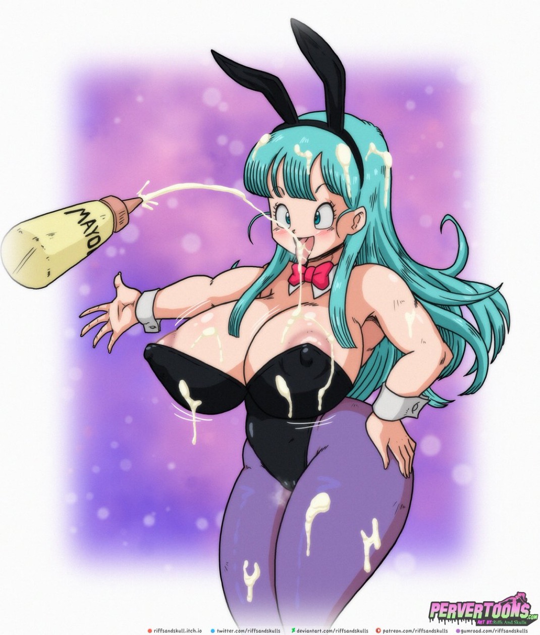 blue hair, bulma (bunny), bulma briefs, bulma briefs (dragon ball), bunny ears, bunnysuit, dragon ball, female, female only, joke art, mayonnaise, not cum, riffsandskulls