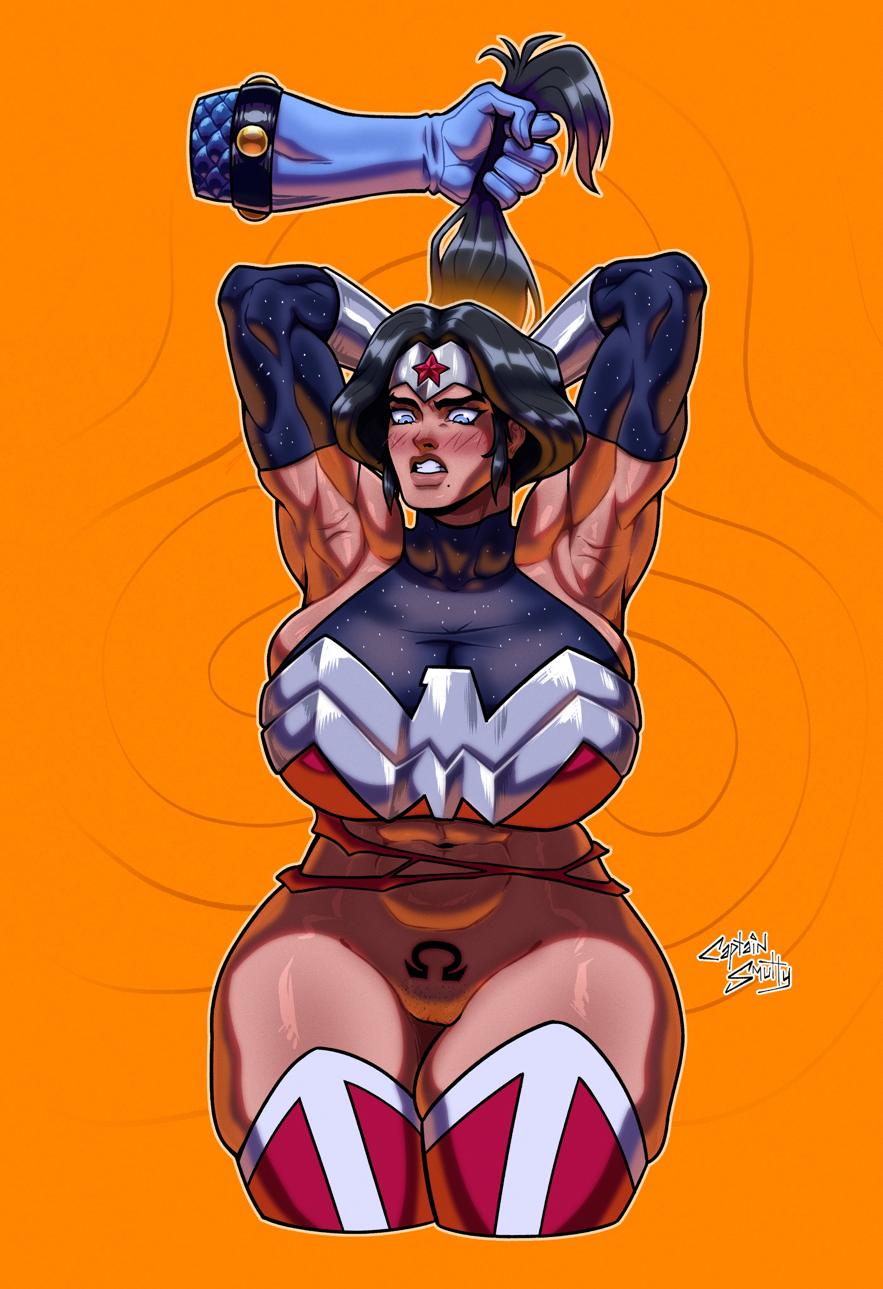 1girls, armpits, arms behind head, big barda, big breasts, black hair, breasts, captainsmutty, dc, dc comics, dcamu, diana of themyscira, female, large breasts, muscular, muscular female, pulling hair, wonder woman, wonder woman (dcamu), wonder woman (series)