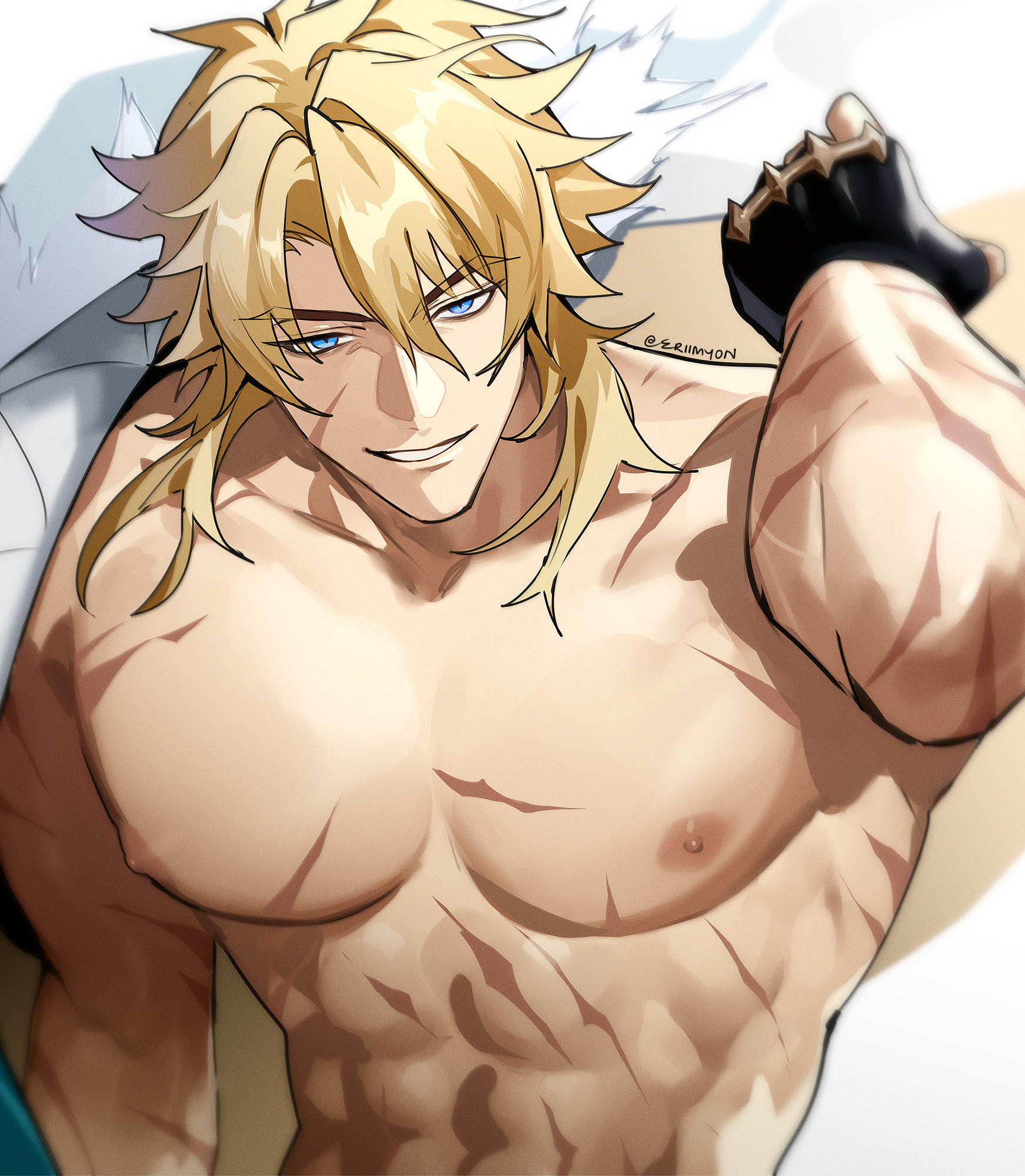 abs, blonde hair, blue eyes, boy, chest, eriimyon, genshin impact, looking at viewer, male, male only, nipples, scar on face, scars, scars on arm, scars on chest, smile, smile at viewer, solo male, varka (genshin impact), white background, white skin