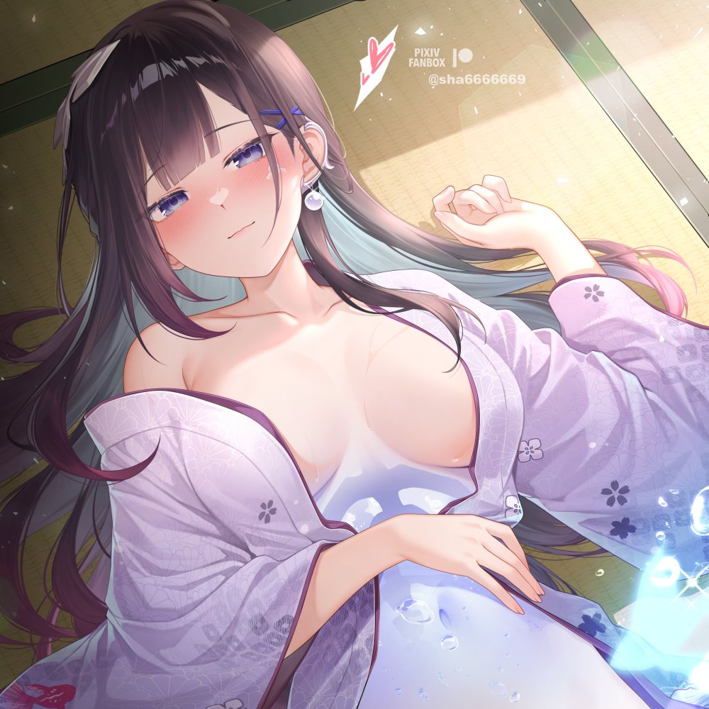 black hair, blue eyes, breasts, breasts out, exposed breasts, female, honkai: star rail, hoyoverse, hysilens (honkai: star rail), kimono, long hair, lying, lying on back, mihoyo, sha6666669, undressed