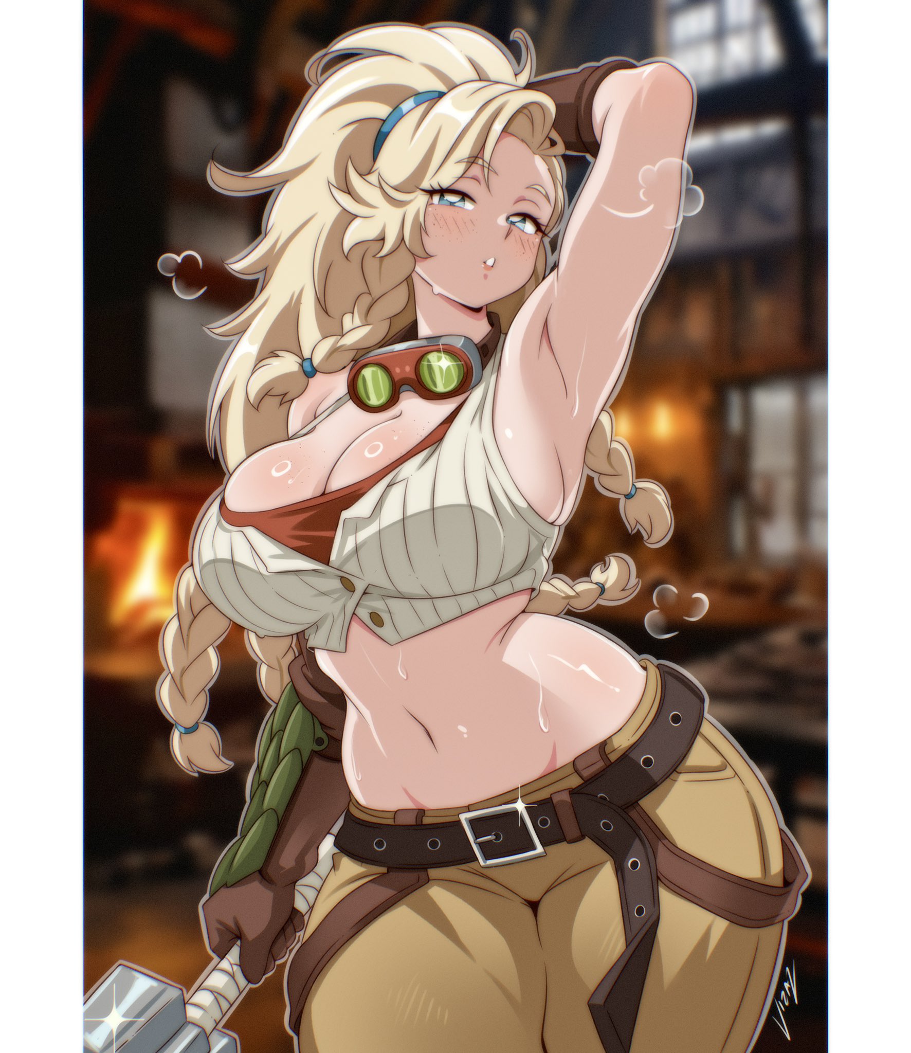 arm behind head, arm up, armpits, belt, belt buckle, blonde hair, blue eyes, blurry, blurry background, blush, braid, breasts, brown gloves, brown pants, buckle, cleavage, commentary, cowboy shot, cropped shirt, female, gemma (monster hunter wilds), glint, gloves, goggles, goggles around neck, high ponytail, highres, holding, holding weapon, indoors, large breasts, long hair, looking at viewer, midriff, monster hunter (series), monster hunter wilds, multiple braids, navel, pants, parted lips, ponytail, puff of air, ribbed shirt, shirt, signature, sleeveless, sleeveless shirt, solo, sweat, tight clothes, tight shirt, vizaz, weapon