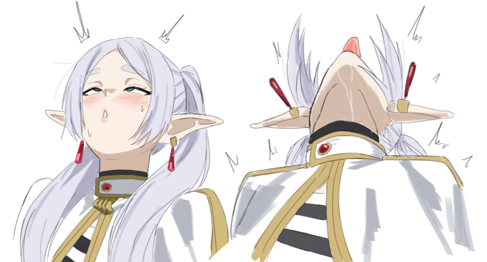 1girls, blue eyes, blush, earrings, elf, female, female only, female orgasm, frieren, grey hair, head back, highres, jewelry, long hair, meme, mugi (mugit49), mugit49, multiple views, orgasm, pointy ears, simple background, sousou no frieren, tongue, tongue out, twintails, upper body, upward angle frieren drawing (meme), white background