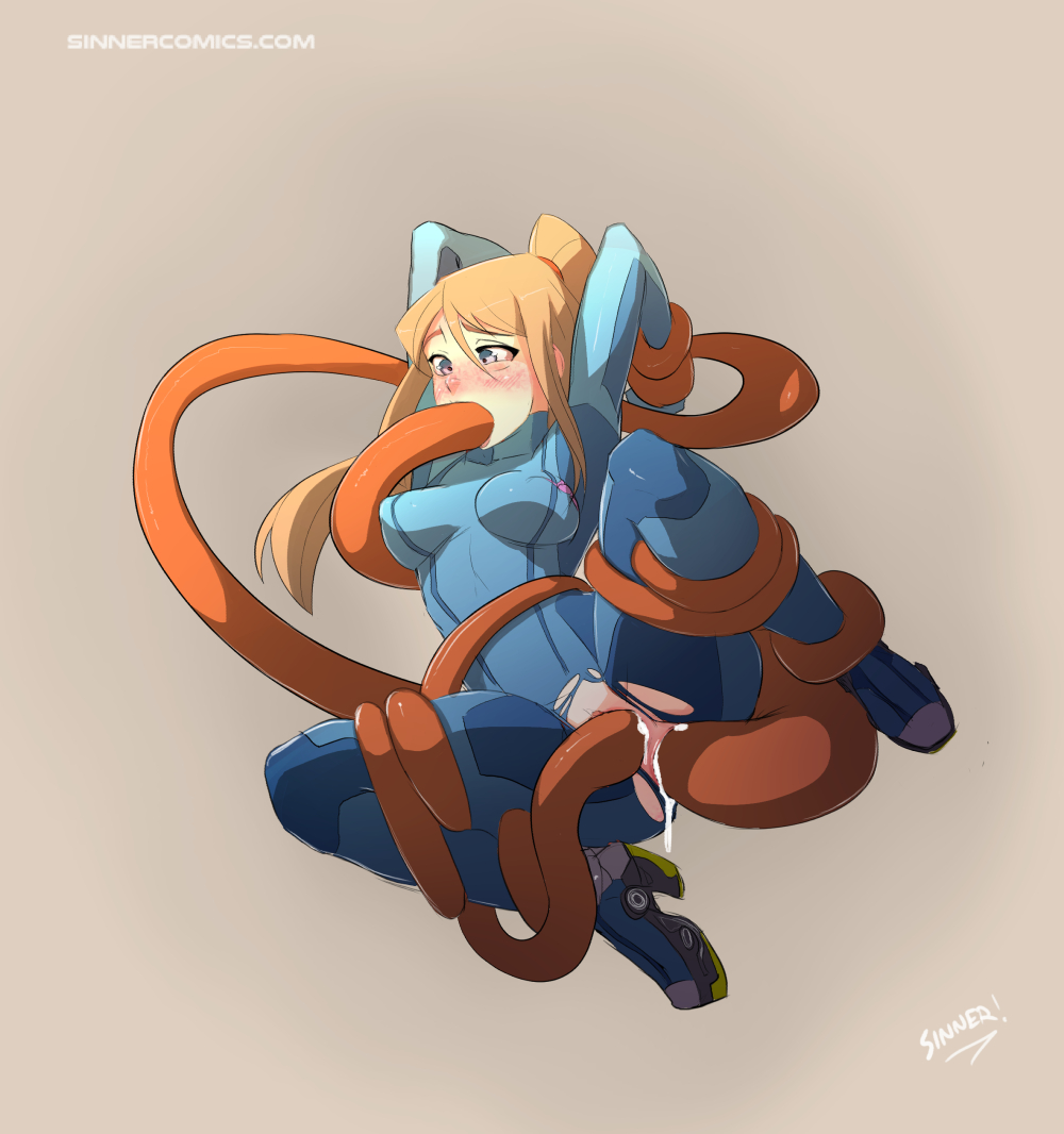 1girls, anal, anal sex, anus, arms behind back, blonde, blue eyes, blush, bodysuit, bondage, bottomless, breasts, cum, cum in anus, cum in pussy, fellatio, female, freckles, hair, highres, interspecies, latex, long hair, metroid, nintendo, oral, penetration, ponytail, pussy, rape, restrained, samus aran, sex, sillygirl, sinner, skin tight, solo, spread legs, tentacle, tentacles, tied hair, torn clothes, vaginal penetration, zero suit, zero suit samus