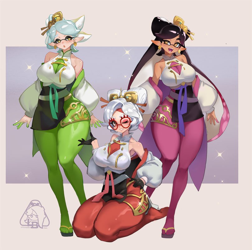 3girls, age of calamity, alternate breast size (larger), big breasts, black gloves, black hair, blush, breasts, callie (splatoon), crossover, dress, earrings, eyeshadow, eyewear on head, fangs, female, glasses, gloves, green pantyhose, grey hair, hair bun, hair ornament, hair stick, hyrule warriors, hyrule warriors: age of calamity, inkling, jewelry, large breasts, little blood, little123blood, long hair, looking at viewer, makeup, marie (splatoon), multiple females, multiple girls, nintendo, object on head, open mouth, pantyhose, pointy ears, purah, purah (tears of the kingdom), purple pantyhose, red eyes, red eyeshadow, red pantyhose, red-framed eyewear, round eyewear, sandals, sheikah, short hair, smile, splatoon, splatoon (series), splatoon 1, squid sisters, tears of the kingdom, tentacle hair, the legend of zelda, white hair, yellow eyes