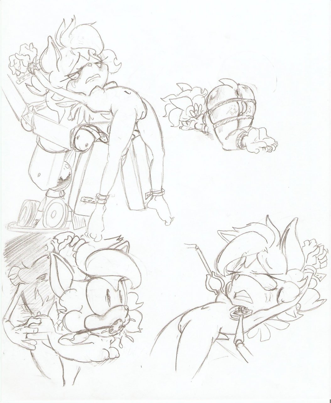 anthro argento arms_above_head ball_gag bondage breasts drool female femsub gag male monochrome nipple_pinch nipple_pull nipple_torture nude pussy sketch sketch_page sonic_(series) sophie_(argento) white_background