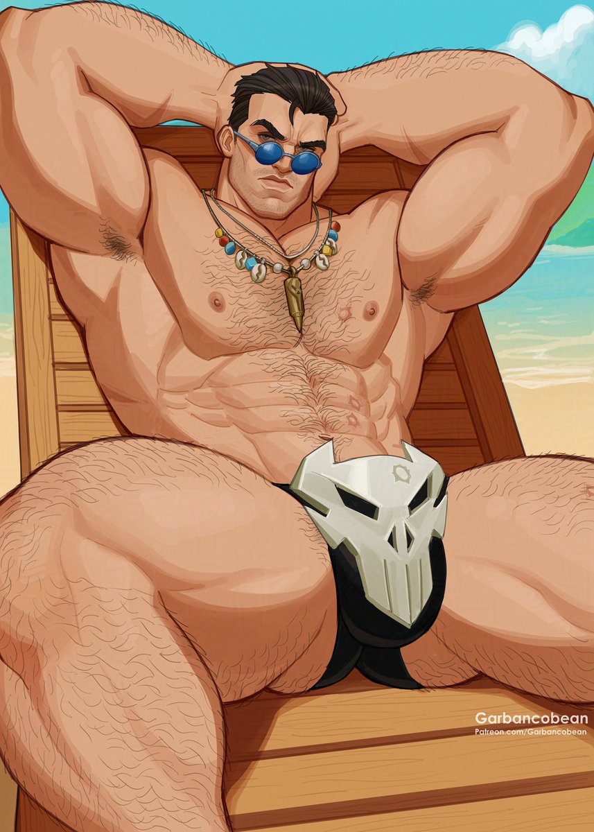 1boy, bara, beach, beach background, body hair, garbancobean, hairy armpits, hairy chest, hands behind head, male, male only, marvel, marvel comics, marvel rivals, muscular, muscular male, necklace, penis armor, punisher (aqua arsenal), punisher (francis castle), punisher (marvel comics), punisher (marvel rivals), solo, sunglasses, yaoi