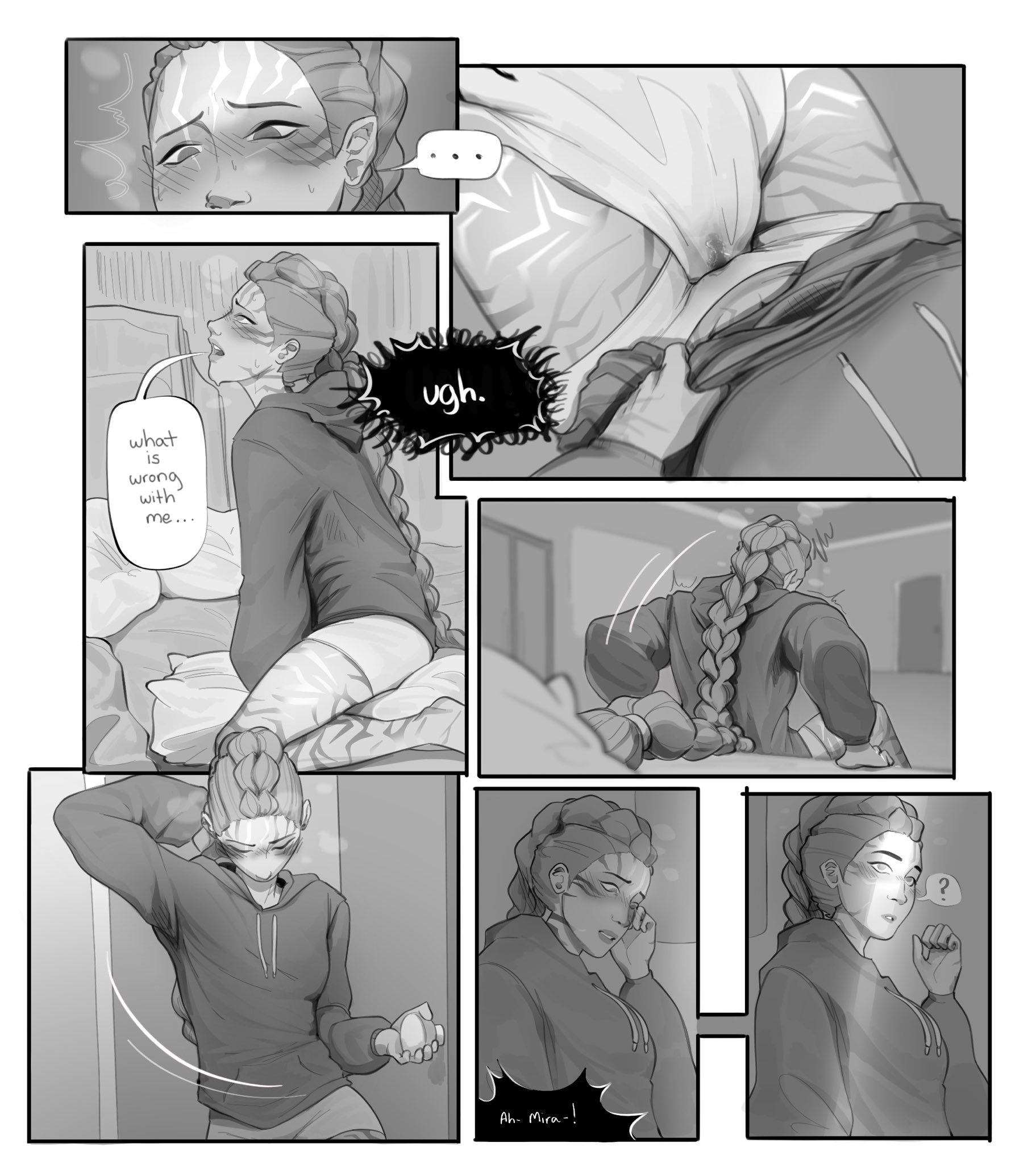 asian, asian female, bed, bedroom, black and white, black and white drawing, blush, blushing female, body markings, body marks, breath, breathing, character mentioned, clothed female, comic, comic panel, dark eyebrows, demon, demon girl, demon woman, dialogue, door opening, english dialogue, female, female masturbation, female only, grey eyes, heavy breathing, human/demon, implied lesbian, implied sex, kpop demon hunters, light skin, light-skinned female, masturbation, mentioned character, netflix, nude, nude female, open door, open legs, open mouth, opening door, partial nude female, partially clothed female, partially nude, pillow, pillow humping, ponytail, ponytails, round nose, rumi (kpop demon hunters), skinny, skinny female, sony pictures animation, spread legs, spreading legs, teeth, thin, thin female, white teeth, yuri, ziggyzookss