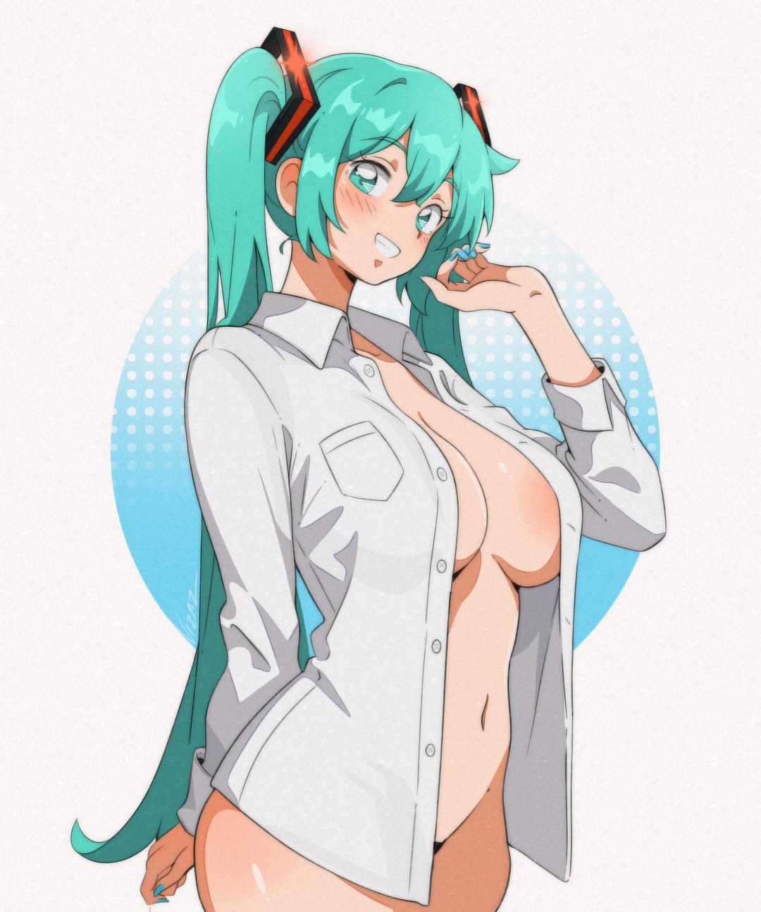 alternate breast size, aqua eyes, aqua hair, aqua nails, arm behind back, blue background, blush, breast pocket, breasts, collared shirt, commentary, cowboy shot, dress shirt, english commentary, female, grin, hair ornament, hand up, hatsune miku, highres, large breasts, long hair, long sleeves, naked shirt, navel, open clothes, open shirt, pocket, shirt, smile, solo, standing, twintails, two-tone background, very long hair, vizaz, vocaloid, white background, white shirt