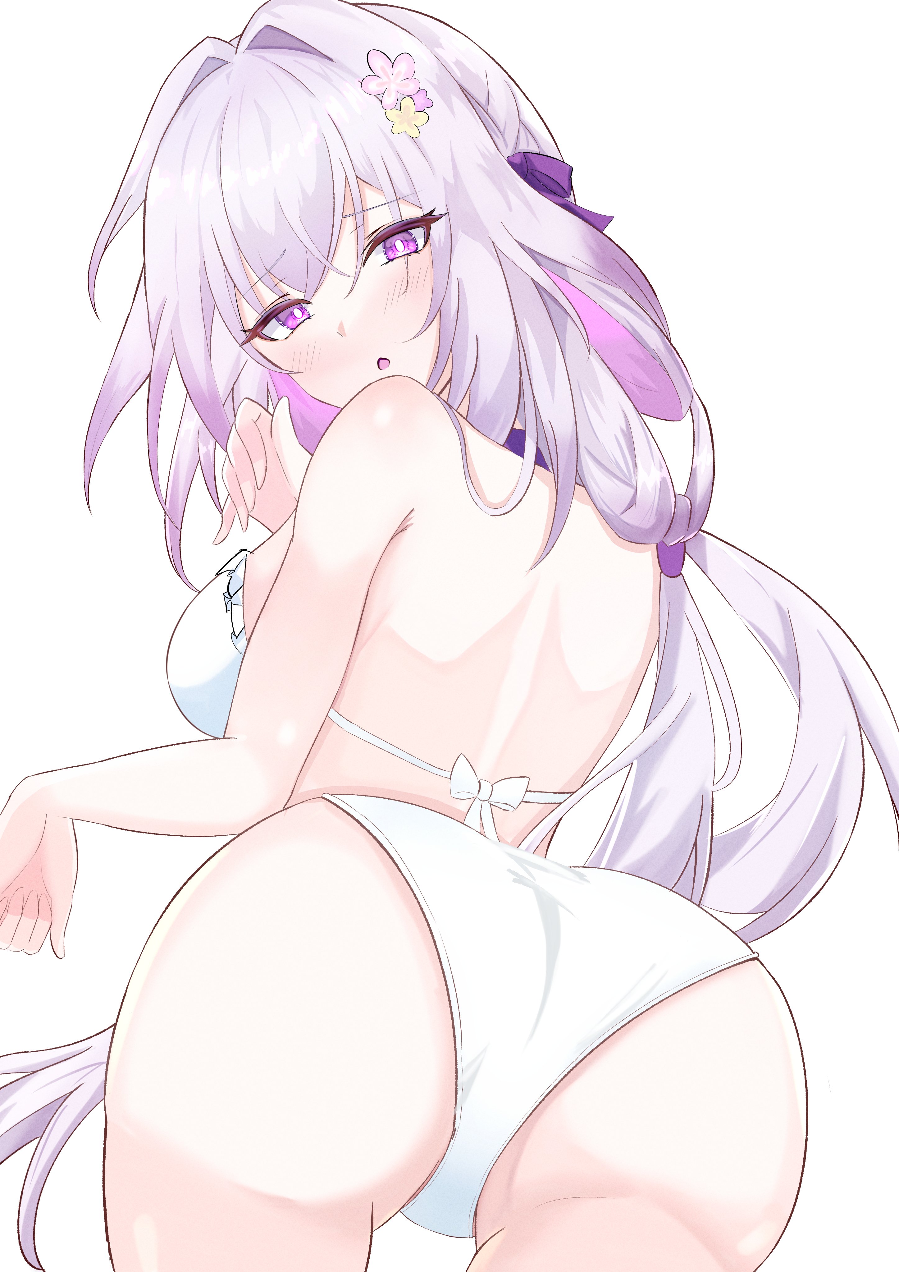 1girls, ass, ass focus, breasts, castorice (honkai: star rail), elf ears, female, honkai: star rail, hoyoverse, lingerie, lingerie only, long hair, mihoyo, purple eyes, purple hair, sideboob, skeb, white background, white lingerie