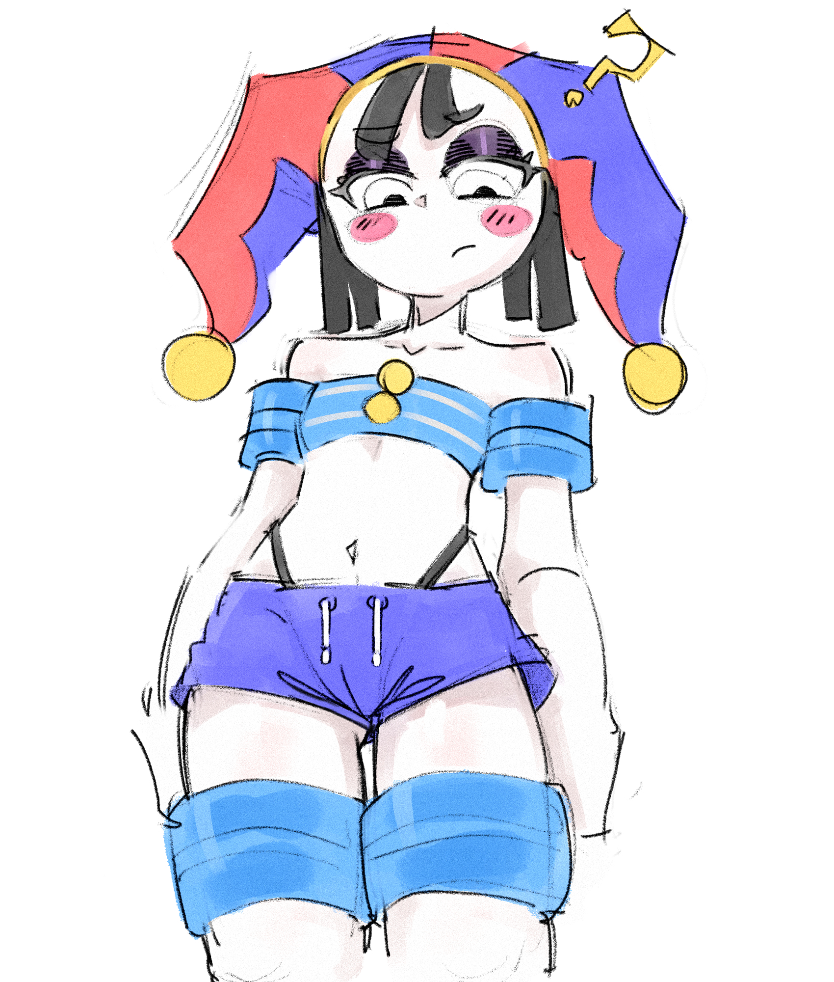 breasts, fanart, female, female only, flat chest, glitch productions, pomni (beach outfit), pomni (the amazing digital circus), skuunk02, swim trunks, swimsuit, tagme, the amazing digital circus