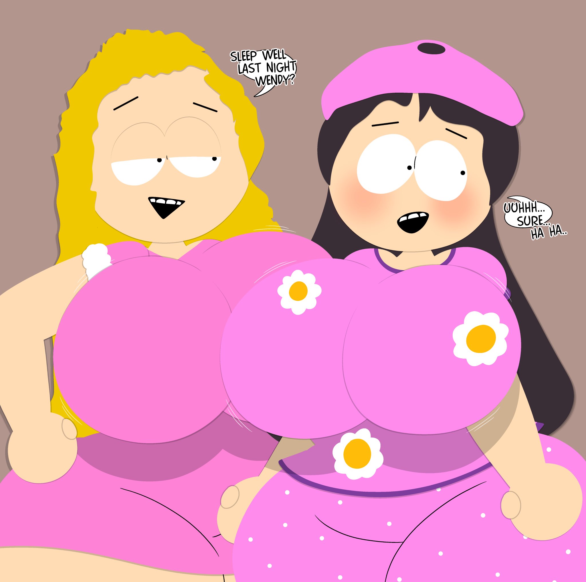 2girls, 3barts, aged up, bebe stevens, big breasts, blush, breasts, comedy central, female, looking at breasts, south park, wendy testaburger