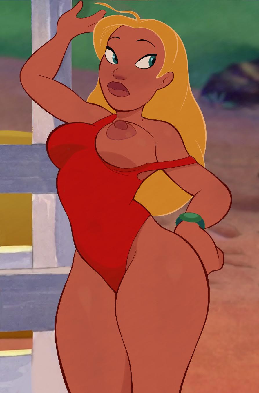 1girls, aqua eyes, areola, areolae, athletic, athletic female, beach, big breasts, biracial, blonde hair, blush, bracelet, breast slip, breasts, brown skin, brown skinned female, caucasian, caucasian female, cleavage, clothed, clothing, curvaceous, curvaceous female, curvy female, dark nipples, dark skin, dark-skinned female, disney, female, female only, fit, fit female, gal, green eyes, hand on hip, hand on own hip, hawaiian, highleg, hips, human, jewelry, large breasts, lifeguard, lifeguard (lilo and stitch), lilo and stitch, lips, long hair, looking to the side, makeup, mammal, medium breasts, newguy1091, nipples, olive skin, olive skinned female, one breast out, one piece swimsuit, one-piece swimsuit, open mouth, outdoors, red one-piece swimsuit, slip, solo, strap, sweat, sweatdrop, swimsuit, swimwear, thick thighs, thighs, very tall, very tall female, wardrobe malfunction, wide hips, wristwear