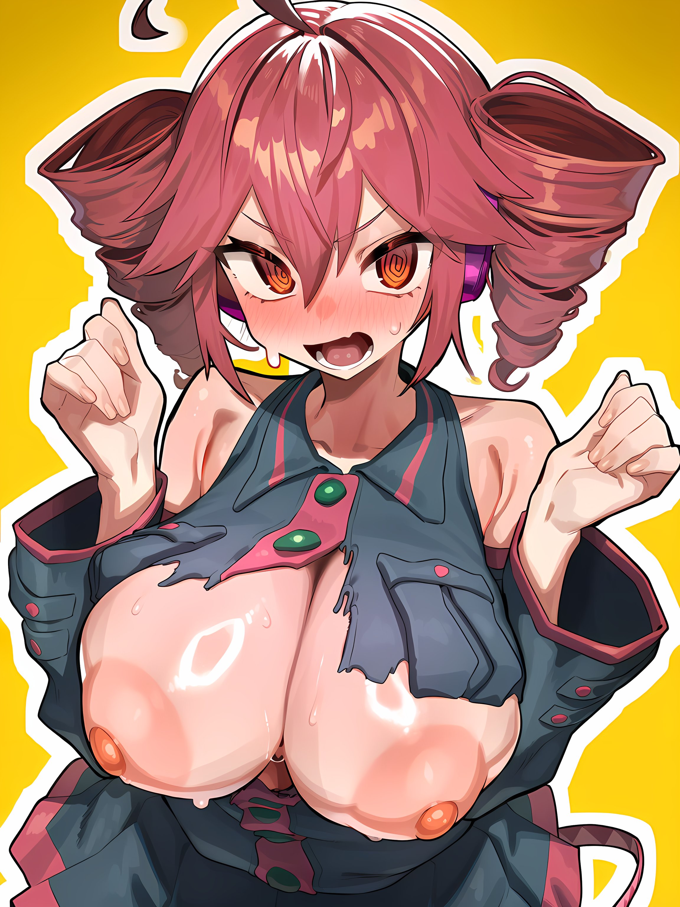 1girls, ahoge, ai generated, areolae, armpit crease, arms up, big breasts, big nipples, blush, blushing profusely, breasts, breasts bigger than head, breasts out, clothed, clothed female, clothing, detached sleeves, embarrassed, embarrassed female, exposed breasts, fat breasts, female, female only, gigantic breasts, hachimides, huge areolae, huge breasts, huge nipples, kasane teto, large areolae, large breasts, massive breasts, nipples, no bra, open mouth, plump, plump breasts, puffy areola, puffy nipples, red eyes, red hair, ripped clothing, ripped shirt, shiny skin, skirt, solo, solo female, sweat, sweating, top heavy, torn clothes, torn shirt, twin drills, upper body, upper body focus, utau, voluptuous, voluptuous female, white outline, yellow background