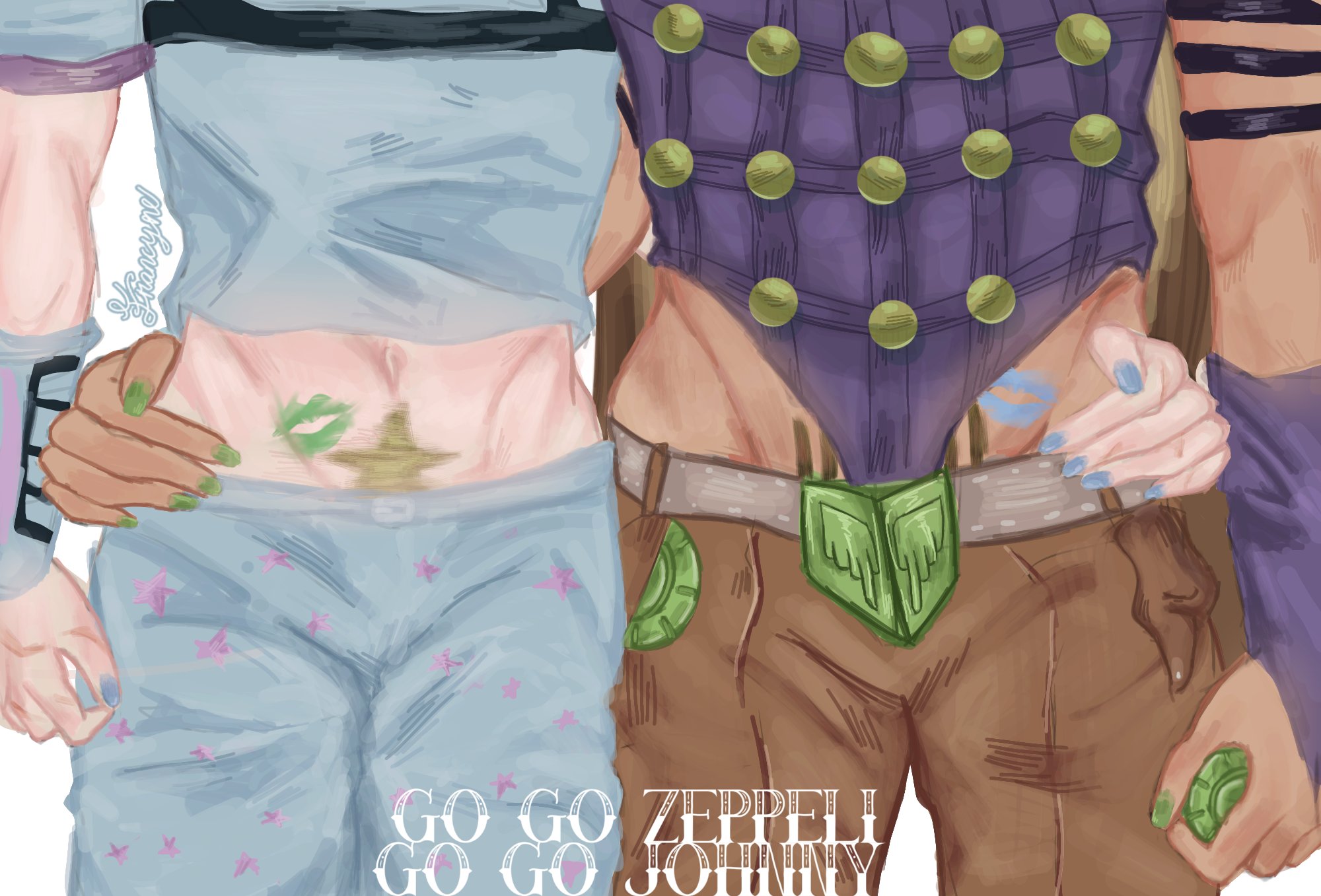 2boys, crotch focus, duo, francyne f, gay, gyro zeppeli, hand on another's hip, hand on hip, hip grab, johnny joestar, jojo's bizarre adventure, male, male only, male/male, steel ball run, twink, yaoi
