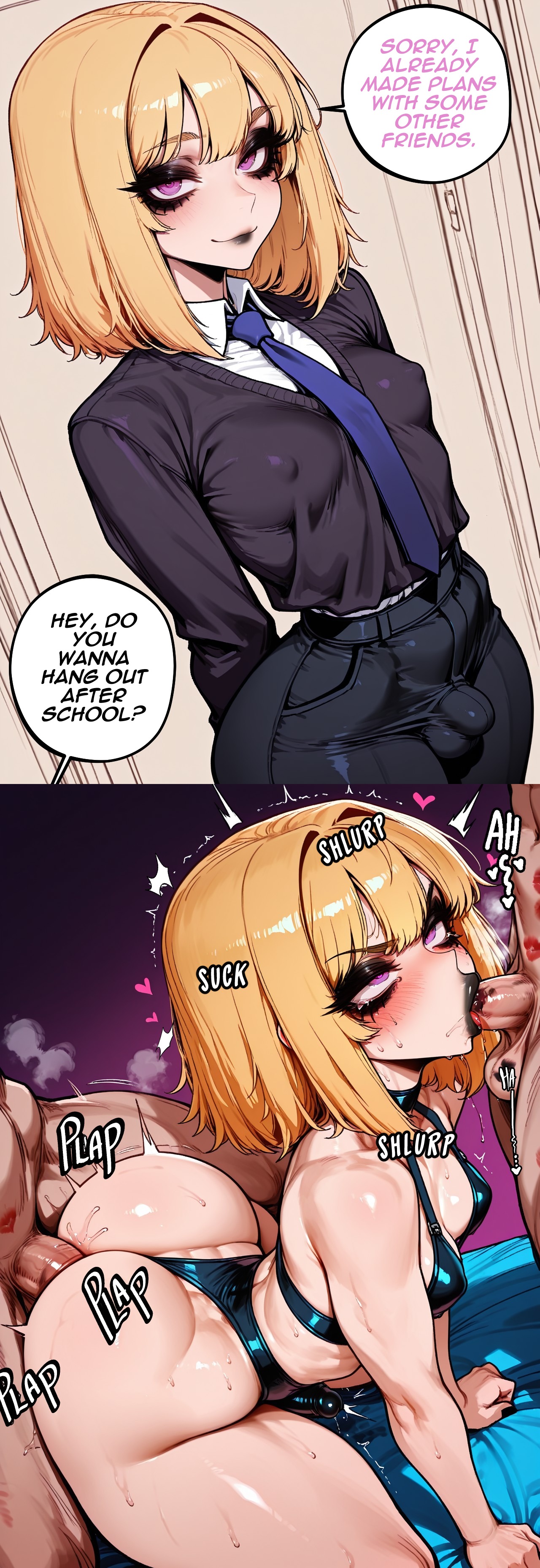 1boy, 1femboy, 1futa, ai generated, anal, anal insertion, anal sex, ass, balls, big ass, big breasts, big butt, big hips, big penis, bikini, black eyeshadow, black lip, black lips, black lipstick, black makeup, blonde hair, blush, breasts, censored, censored penis, cleavage, comic, completely nude, completely nude male, dark skin, dark-skinned male, dialogue, dick, dickgirl, english text, erection, eyebrows, eyelashes, femboy, futanari, gay, gay sex, goth, goth makeup, gothic, gothified, grin, grinning, grinning at viewer, hair, hands-free, huge cock, indoors, interracial, lips, long hair, looking at viewer, lying, makeup, male, male only, male penetrating male, male/male, medium hair, medium penis, muscular, muscular male, naked, narrow waist, narrowed eyes, necktie, nipples, nose, nude, original, original character, otoko no ko, otokonoko, pants, penetration, penis, pink eyes, purple eyes, seducing, seductive, seductive eyes, seductive gaze, seductive look, seductive mouth, seductive pose, seductive smile, sex, shirt, short hair, size difference, smile, smile at viewer, smiley face, smooth balls, smooth penis, smooth skin, solo, solo focus, speech bubble, testicles, text, velarin, yaoi