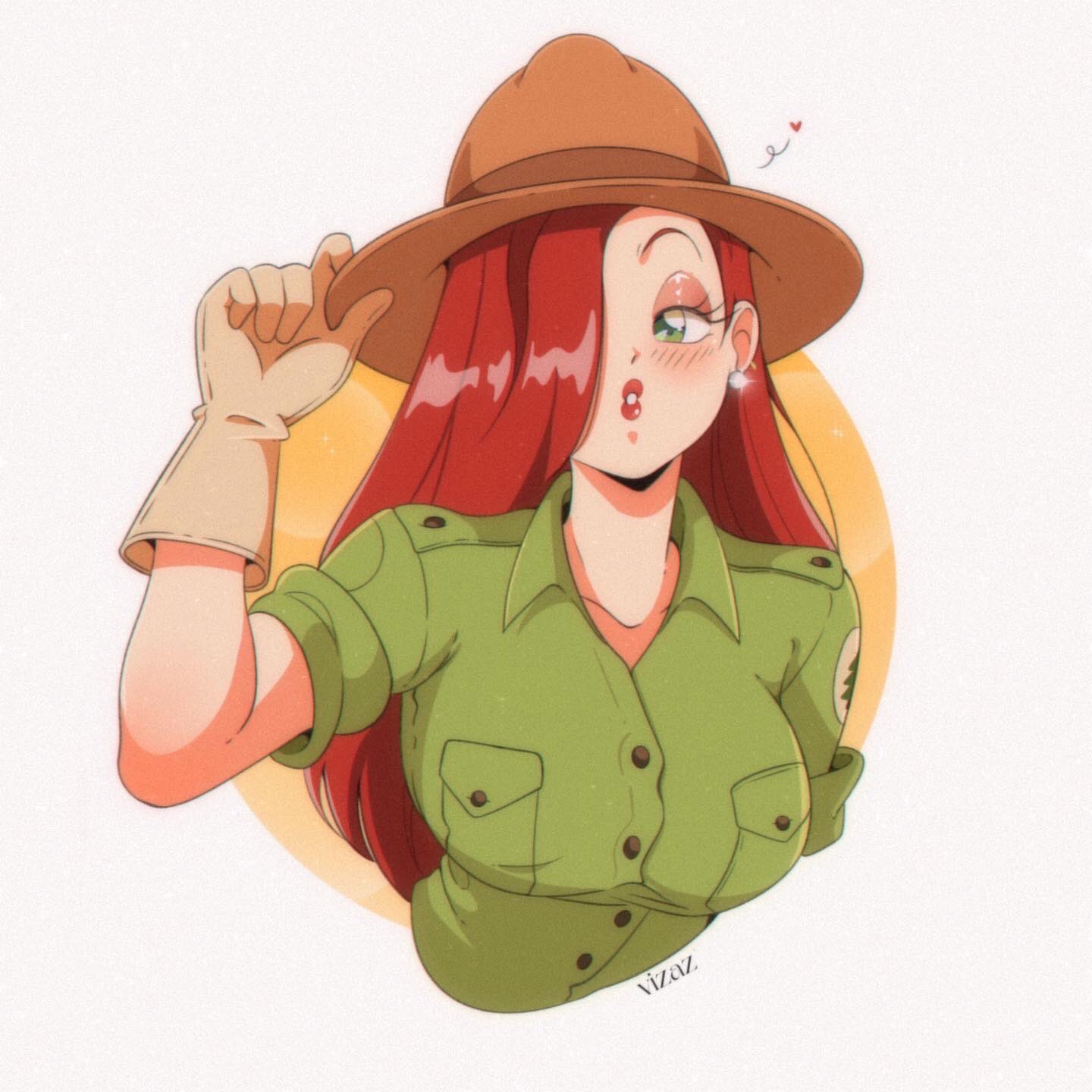 adjusting clothes, adjusting headwear, artist name, breasts, brown gloves, brown hat, collared jacket, commentary, cropped torso, earrings, female, gloves, green eyes, green jacket, hair over one eye, hat, heart, highres, jacket, jessica rabbit, jessica rabbit (ranger), jewelry, large breasts, lips, long hair, looking at viewer, orange background, parted lips, red hair, solo, symbol-only commentary, two-tone background, vizaz, white background, who framed roger rabbit