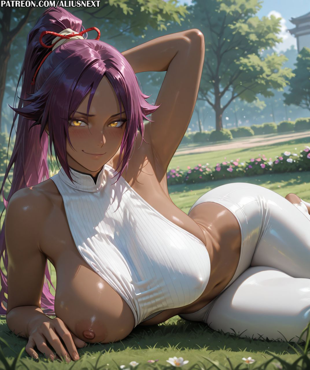 1girls, 2025, ai generated, aliusnext, anime, big ass, big breasts, bleach, breast grab from behind, breasts, breasts out, dark skin, dark-skinned female, female, female only, footwear, hi, high, highres, huge ass, huge breasts, leggings, light skin, light-skinned female, lingerie, massive ass, massive breasts, mature, mature female, nipples, patreon, quality, res, resolution, shihouin yoruichi, stirrup legwear, style, sweat, sweatdrop, sweating, sweaty, sweaty body, sweaty breasts, thick, thick ass, thick hips, thick legs, thick lips, thick thighs, uncensored, username, voluptuous, voluptuous body, voluptuous female, watermark