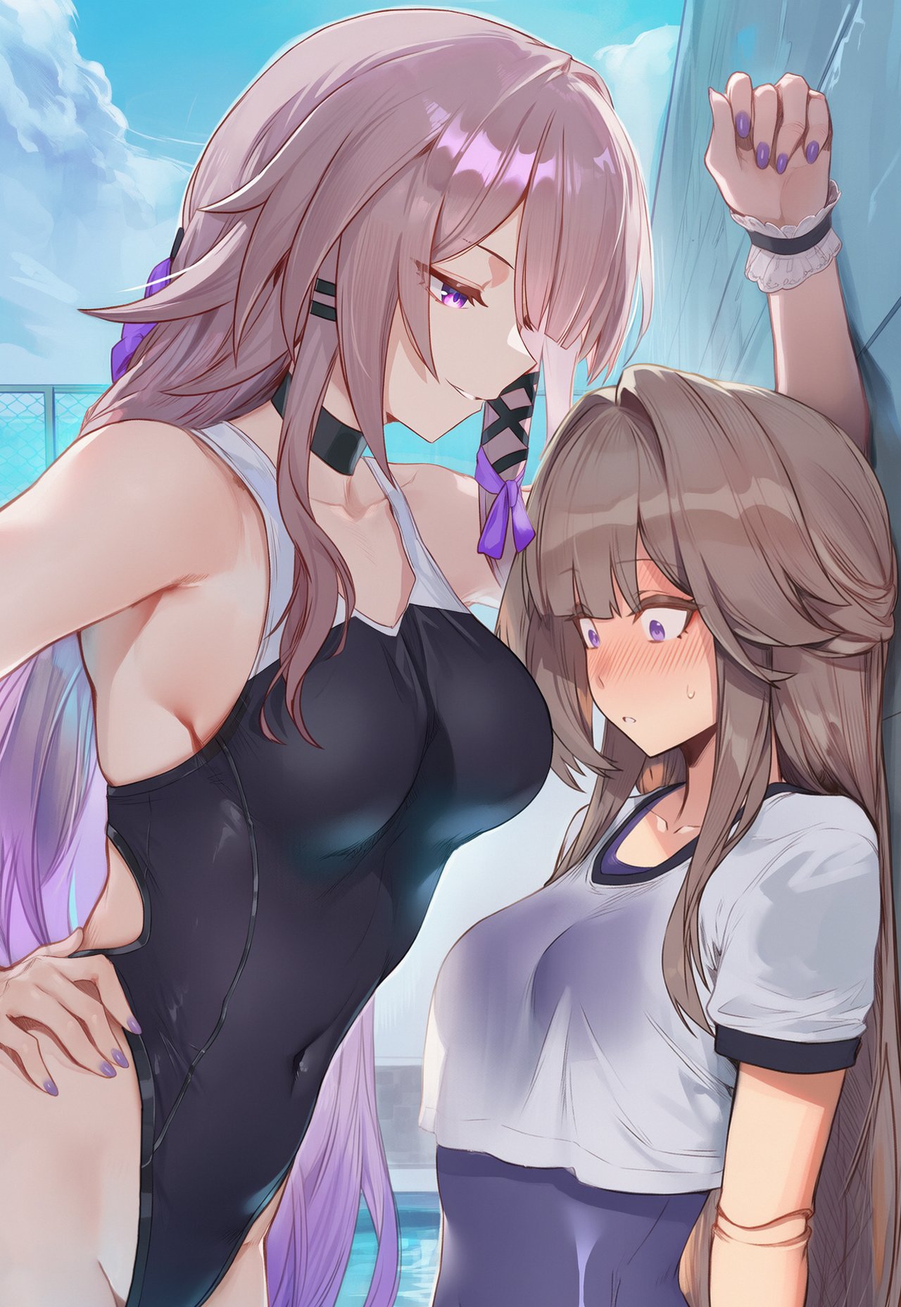 2girls, against wall, arrogant, big breasts, blush, breast awe, breasts, constricted pupils, female, hand on hip, herta (honkai: star rail), honkai: star rail, kabedon, large breasts, looking at another, looking down, medium breasts, multiple females, multiple girls, one piece swimsuit, purple nails, sweatdrop, swimsuit, swimsuit under clothes, the herta (honkai: star rail), white shirt, yuri