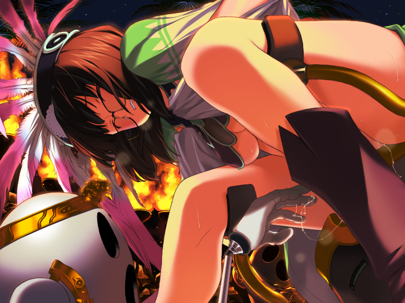 blank_eyes body_offscreen boots breasts brown_hair cape circlet clenched_teeth closed_eyes dai_(series) daiteikoku dutch_angle feathers female fingering fire fireplace fringe from_below game_cg glasses hands hanny headdress heavy_breathing holding humiliation ketsuaru_hanny leg_lift mutsumi_masato native_american native_american_headdress night night_sky open_mouth out_of_frame palm_tree prosthesis prosthetic_arm pussy_juice pussy_juice_trail rock short_hair sitting sitting_on_object sky star_(sky) starry_sky stool takeda_nozomi teeth tree underboob