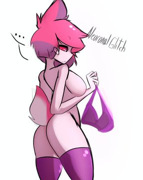 alastor (hazbin hotel), alastoria (hazbin hotel), artist request, ass, back view, deer, deer ears, deer girl, deer tail, ear, female, female alastor, hazbin hotel, holding bra, holding object, nude, nude female, tail, thighhighs, usagi star