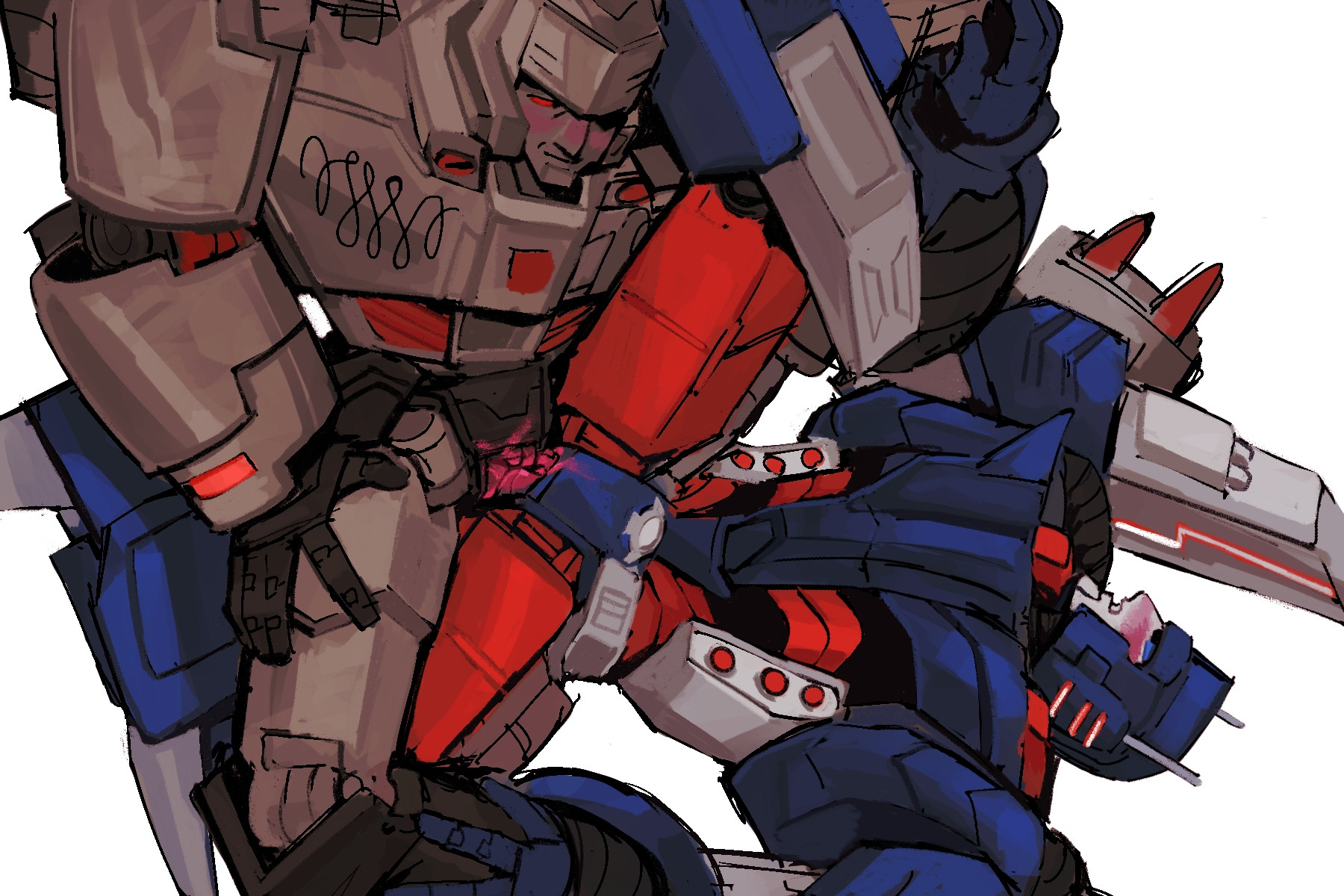 2boys, autobot, blue body, blue eyes, blush, color, colored, cum, cum in pussy, cum inside, cuntboy, gay, gay sex, gray body, habsuite, intersex, male, male only, megatron, metallic body, pussy, pussy on pussy, red eyes, robot, robot boy, robotic arm, scissoring, sex, shaded, smile, spread legs, transformers, transformers idw, ultra magnus, vaginal fluids, valveplug, white background