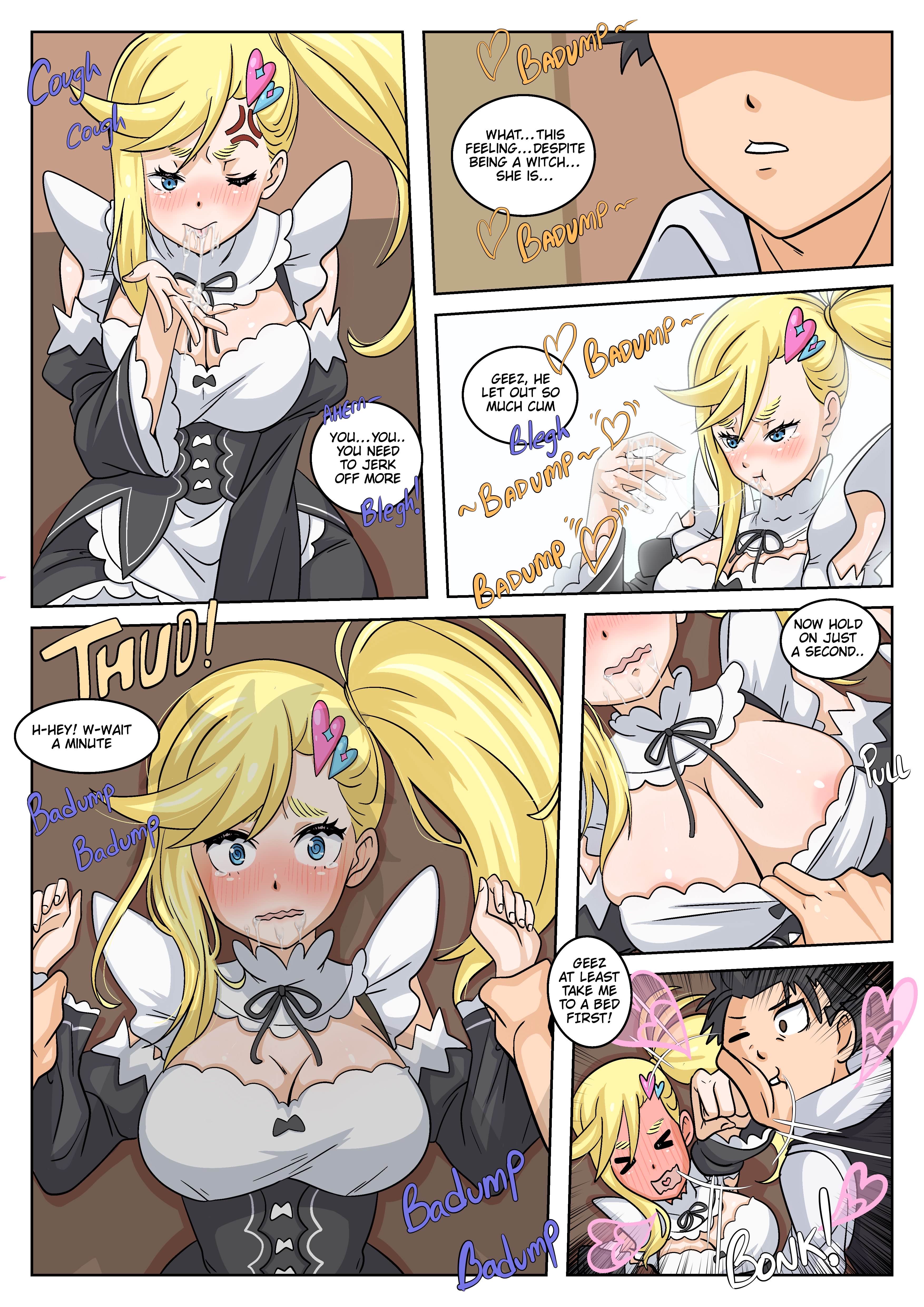 after fellatio, after oral, cleavage, doujinshi page, english text, maid uniform, minerva (re:zero), natsuki subaru, pinned down, re:zero kara hajimeru isekai seikatsu, tagme, undressing, wacum