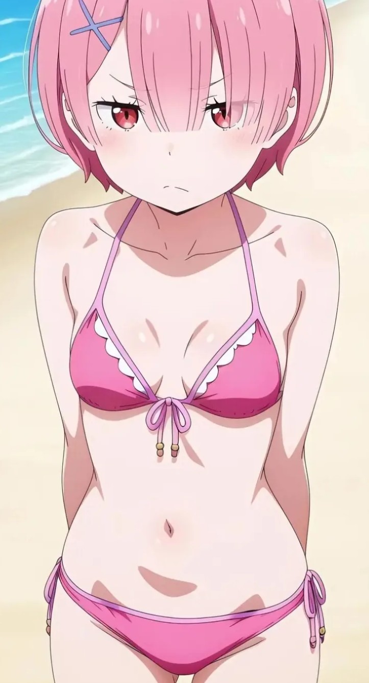 ai generated, bikini, female, pink bikini, pink eyes, pink hair, pink swimsuit, ram (re:zero), re:zero kara hajimeru isekai seikatsu, swimsuit