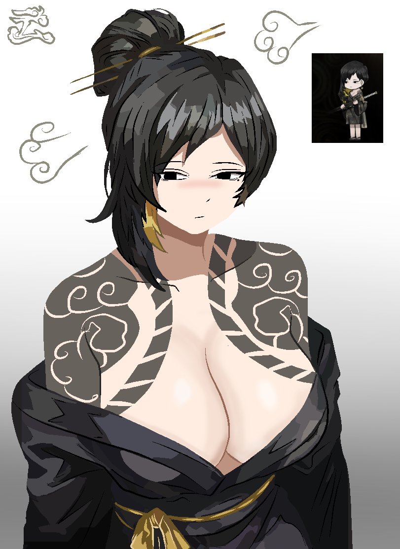 1girls, big breasts, binah, breasts, breasts out, cloud, clouds, female, female only, irezumi, library of ruina, lobotomy corporation, loose clothes, paul camadonnas, project moon, solo, tagme, tattoo, tattoos