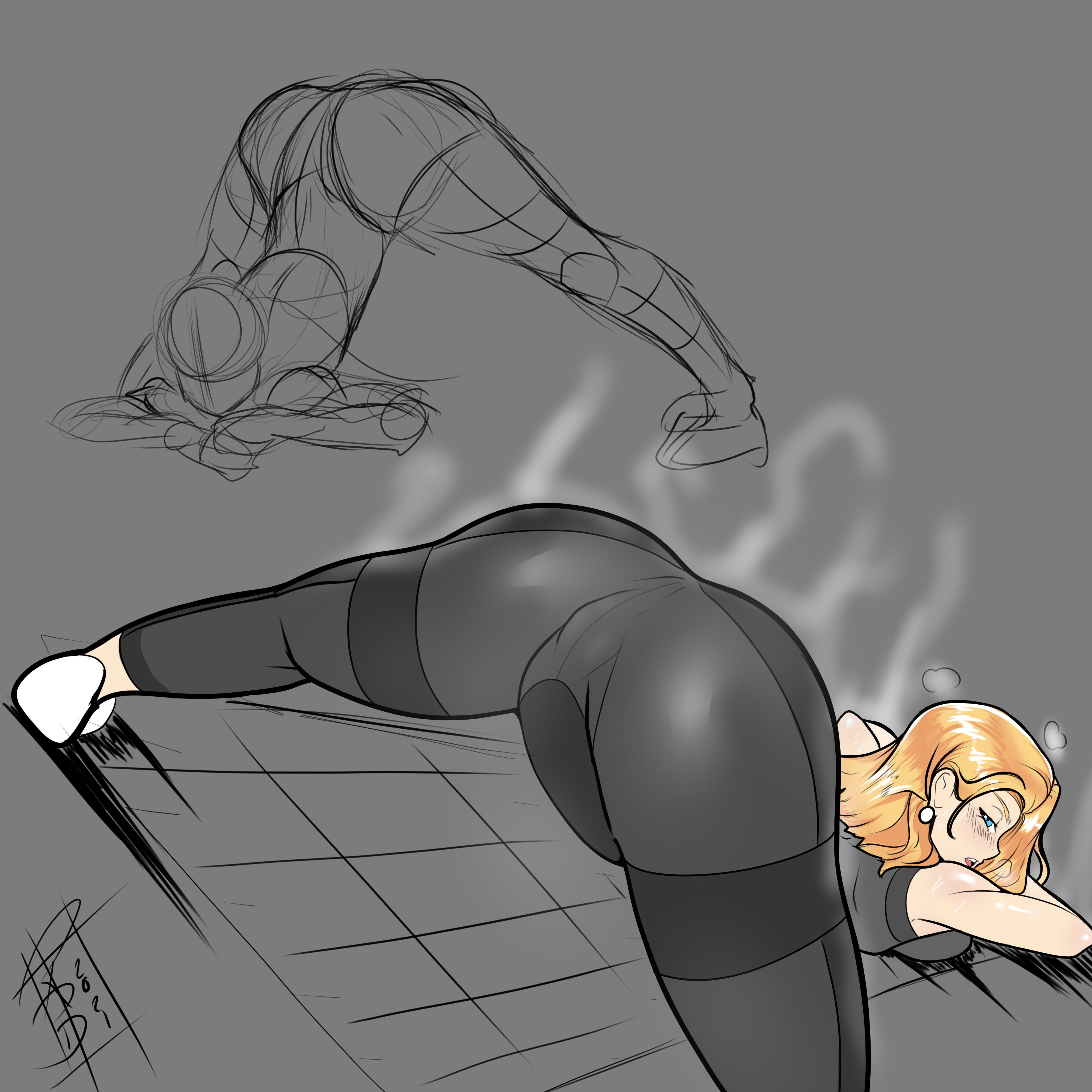1girls, android 18, ass, ass focus, blonde hair, blue eyes, breasts, breasts on floor, bubble butt, cameltoe, clothed, dragon ball, dragon ball z, female, from behind, grey leggings, jack-o pose, leggings, looking at viewer, looking back, meme, raphaeru, sneakers, solo, thick thighs, top-down bottom-up