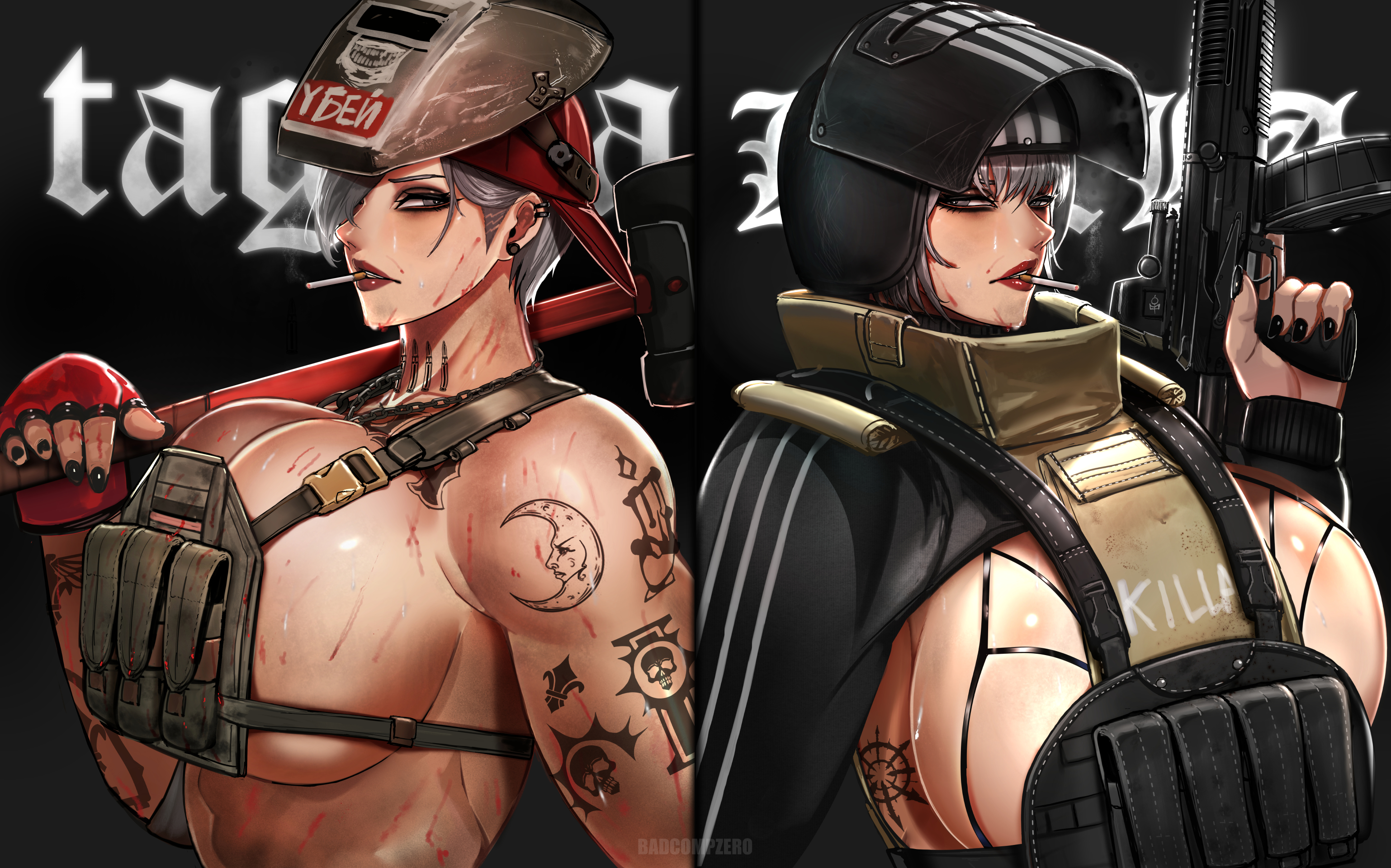 2girls, badcompzero, big breasts, escape from tarkov, genderswap (mtf), killa (escape from tarkov), masked female, military, muscular, muscular female, rule 63, sweating, tagilla (escape from tarkov), tattoed arms, tattoo, tattooed female, upper body