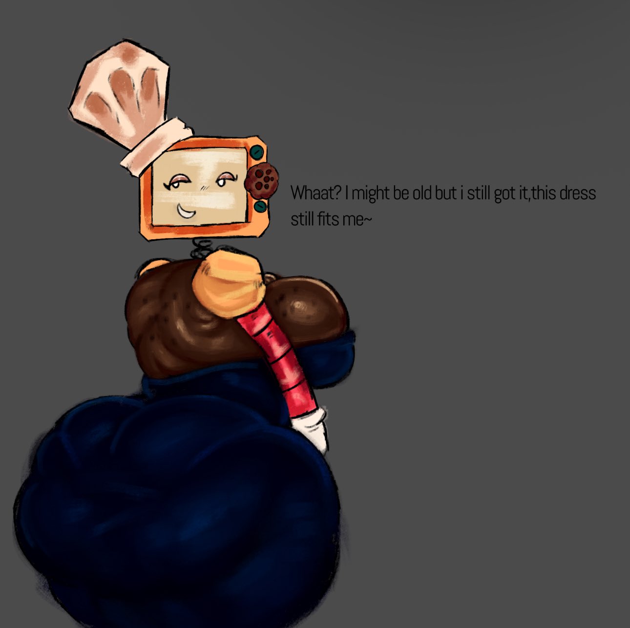 1girls, alternate version at source, alternate version available, ass, ass focus, back view, behind view, big ass, big breasts, big butt, black dress, breasts, chef hat, clothed, clothed female, clothes, coils, cookie, cookieware (die of death), dialog, dialogue, die of death (roblox), disumisu2, dress, english text, eyeliner, eyeshadow, female, female focus, female only, freaky2weak, from behind, gilf, gloves, gray background, grey background, hag, mature, mature female, mittens, mitts, older female, open dress, oven, oven head, roblox, roblox game, robot, robot girl, robot joints, screen face, sideboob, simple background, text, thick thighs, toque, toque blanche