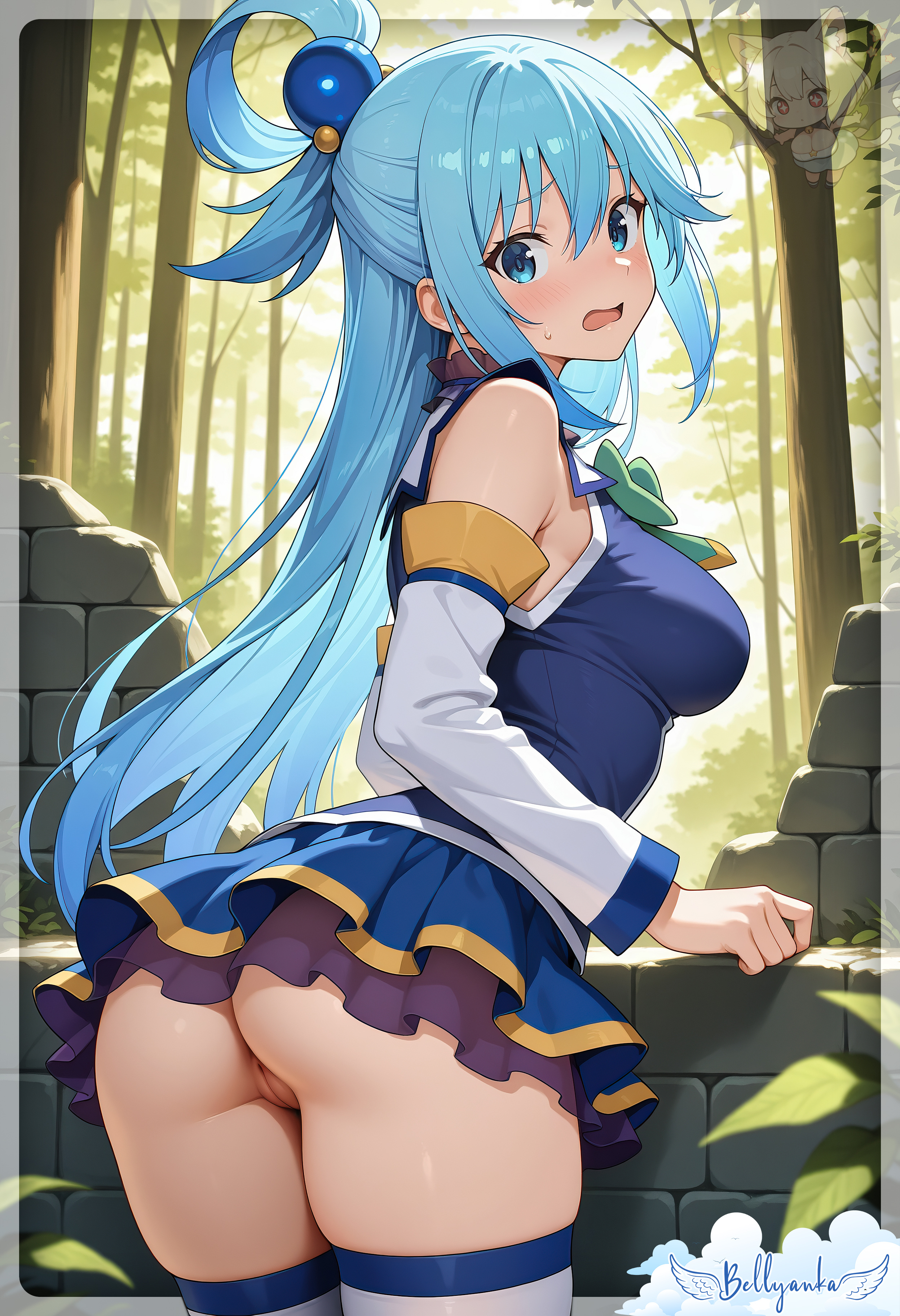 2025, ai generated, anime, aqua (konosuba), ass, ass out, backpussy, bellyanka, blue eyes, blue hair, blue-haired female, crunchyroll, deviantart, embarrassed female, female, female only, forest background, kono subarashii sekai ni shukufuku wo!, konosuba, looking at viewer, looking back at viewer, no panties, pussy, scared female, shocked at viewer, shocked female, showing ass, wet face, worried female