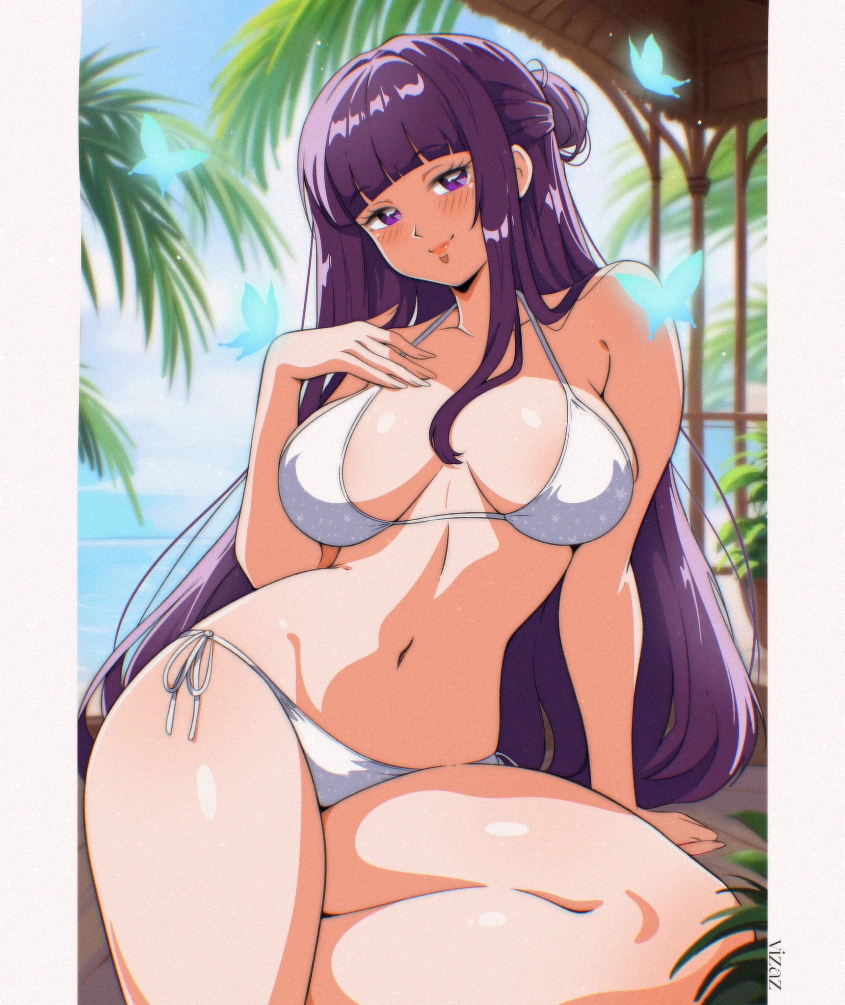 arm support, beach, bikini, blue background, blunt bangs, border, breasts, closed mouth, commentary, female, fern (sousou no frieren), hand on own chest, highres, large breasts, looking at viewer, navel, ocean, pillarboxed, purple eyes, purple hair, side-tie bikini bottom, sidelocks, sitting, smile, solo, sousou no frieren, stomach, swimsuit, vizaz, white bikini, white border