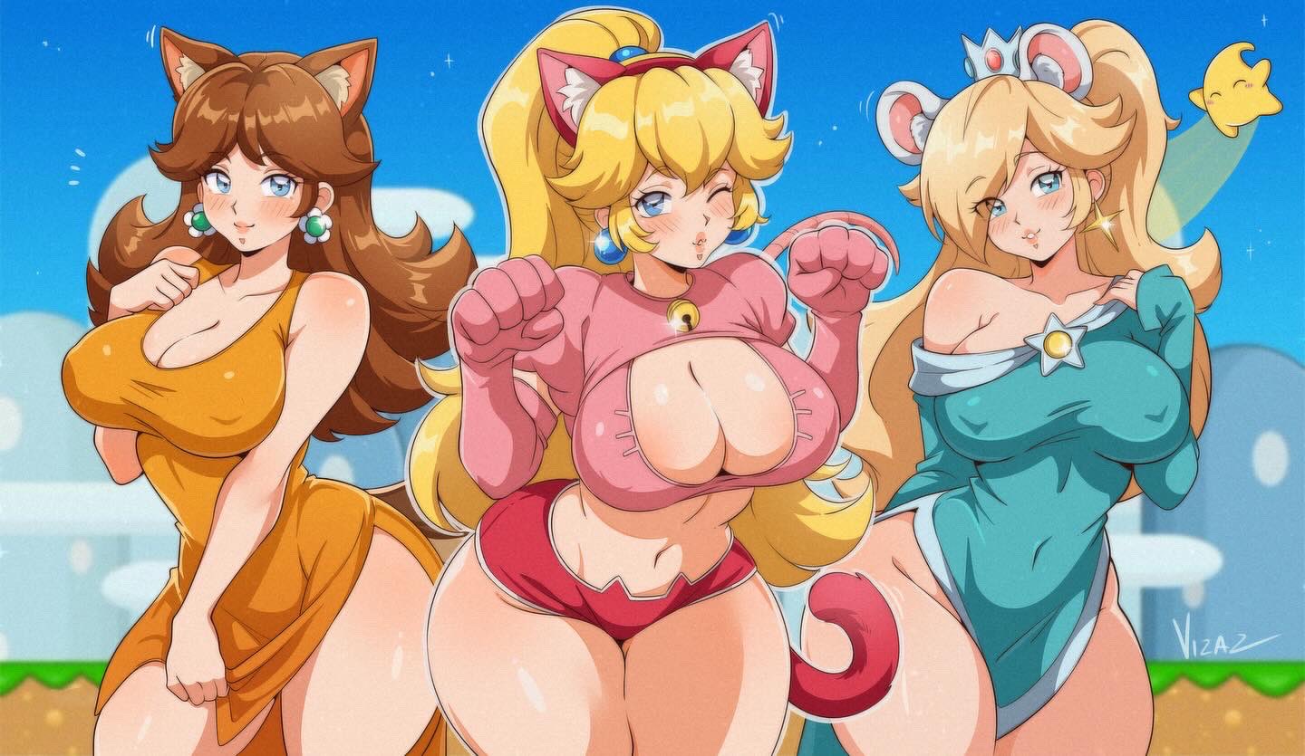 3girls, alternate hairstyle, animal ear fluff, animal ears, aqua dress, areola slip, artist name, bare arms, bare shoulders, bell, blonde hair, blue eyes, blue sky, blush, bra, breasts, brown hair, cat ears, cat girl, cat lingerie, cat tail, cleavage, closed mouth, commentary, commentary request, covered erect nipples, cowboy shot, crop top, crown, dress, earrings, elbow gloves, female, gloves, hand on own chest, hand on own shoulder, jewelry, jingle bell, kemonomimi mode, large breasts, long hair, long sleeves, looking at viewer, luma, mario (series), midriff, mini crown, mouse girl, multiple females, multiple girls, navel, nintendo, orange dress, parted lips, paw pose, pink bra, pink gloves, ponytail, princess daisy, princess peach, princess rosalina, red shorts, short sleeves, shorts, single off shoulder, sky, sleeveless, sleeveless dress, smile, symbol-only commentary, tail, thick thighs, thighs, underwear, vizaz