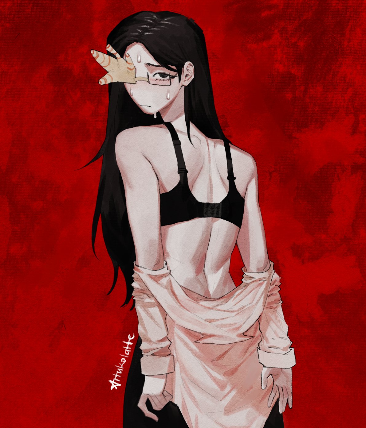 1girls, artukolatte, back, bare shoulders, black bra, black eyes, black hair, black pants, bra, closed mouth, commentary, coral, coral glasses, cowboy shot, dream bbq, ena (series), english commentary, female, female only, from behind, glasses, hair behind ear, highres, long hair, long sleeves, looking at viewer, looking back, nervous, nervous sweating, pale skin, pale-skinned female, pants, partially undressed, rectangular eyewear, red background, shirt, shirt partially removed, shoulder blades, signature, simple background, solo, standing, sweat, underwear, white shirt