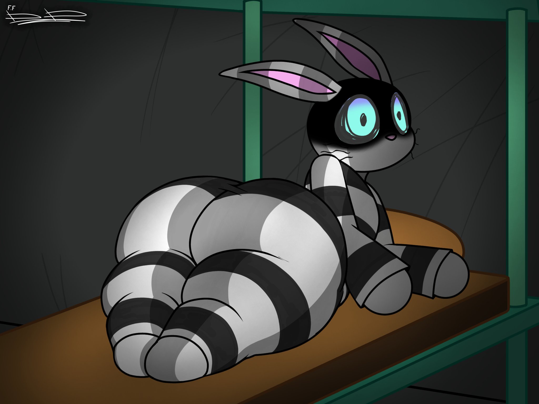 1boy, bed, big ass, big butt, big thighs, bunchy (pretty blood), bunny ears, creepy, looking at viewer, looking back, male, pretty blood, prison, prison cell, prison uniform, rabbit, rabbit ears, scary, scary face, sinner20033, solo, solo focus, solo male, tight clothing, white fur