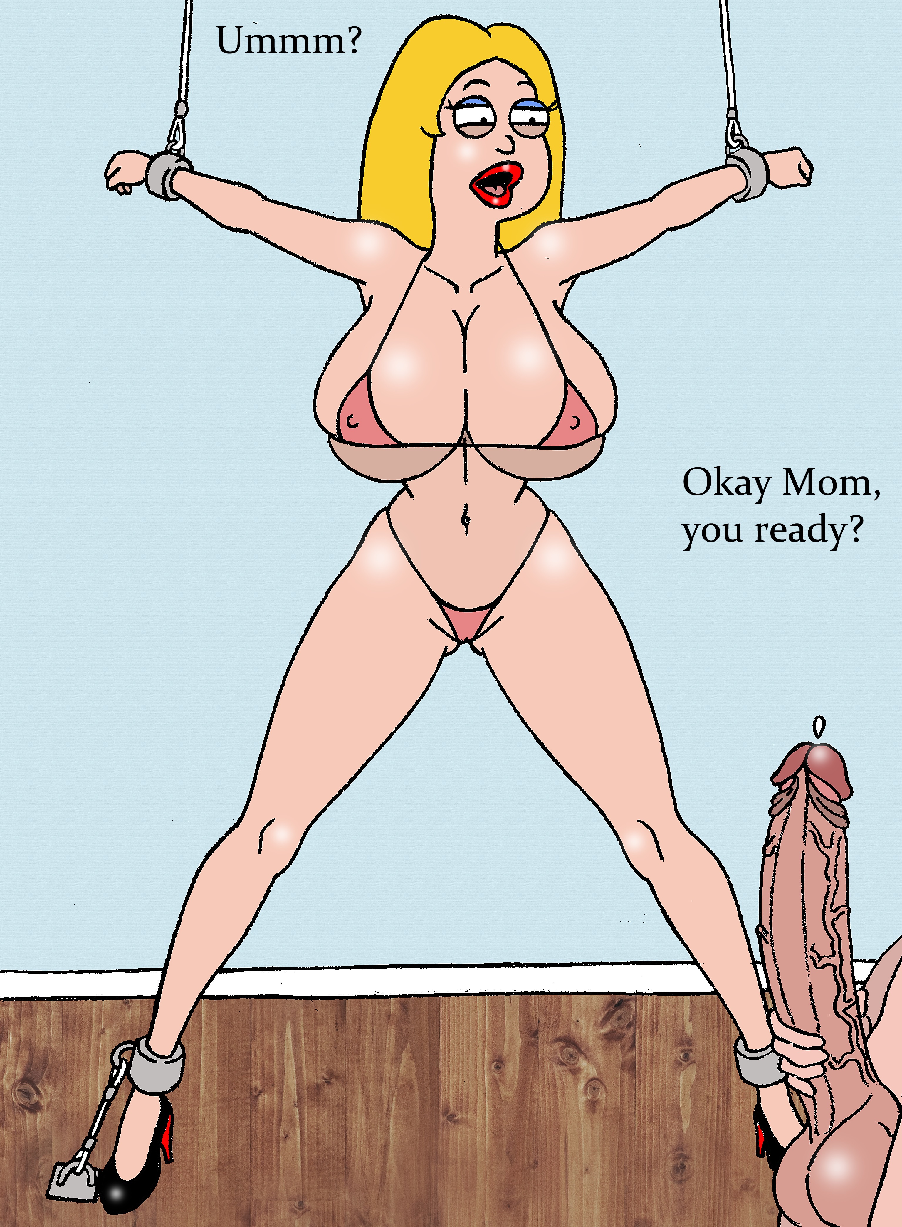 american dad, bondage, francine smith, huge breasts, huge cock, imminent incest, imminent rape, mother and son, partial male, sbb, steve smith