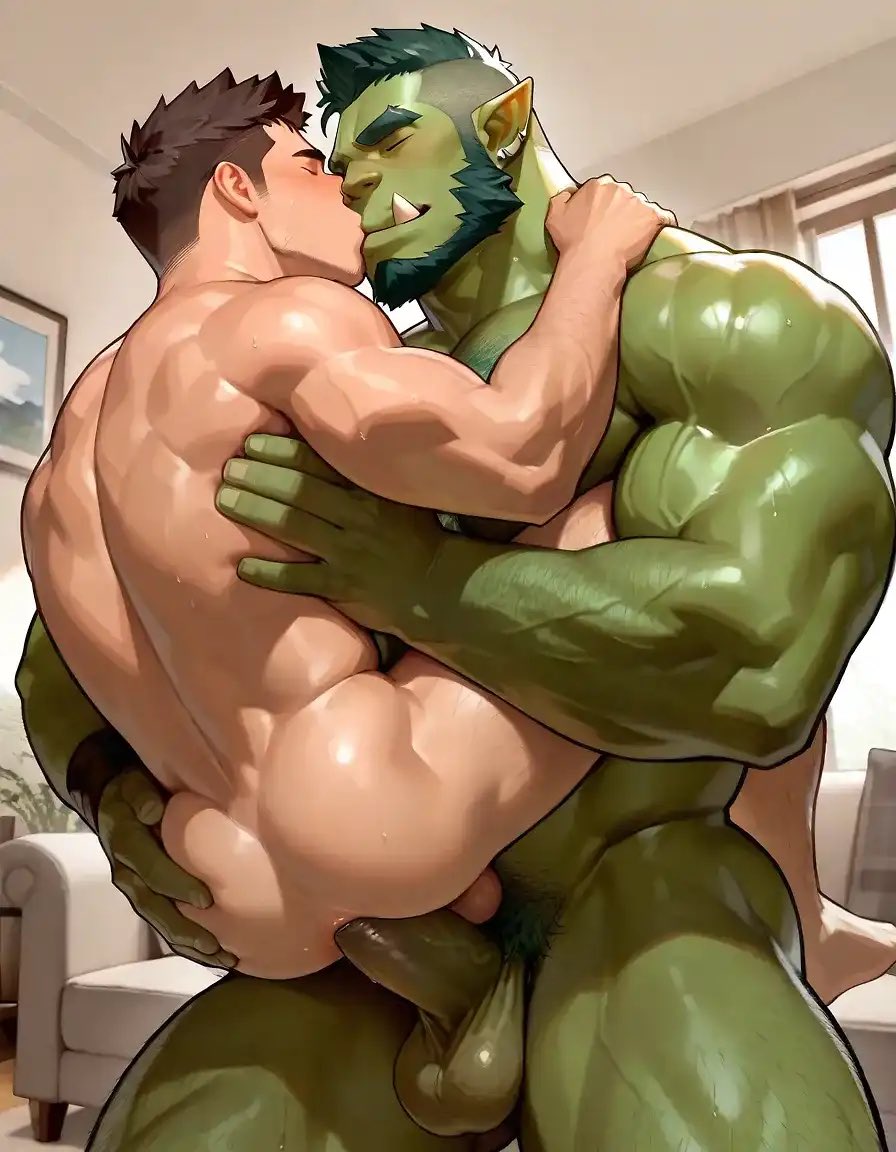 2boys, abs, age difference, ai generated, anal, anal sex, anus, armpit hair, armpits, ass, ass focus, back, back muscles, balls, bara, beard, big ass, big balls, big dom small sub, big muscles, big pecs, big penis, blush, brobastion, brown hair, caressing, caressing face, carrying, carrying partner, daddy, dilf, dominant, dominant humanoid, dominant male, duo, erect nipples, erection, gay, green body, hair, holding partner, hug, huge balls, huge cock, huge muscles, human, human on humanoid, human penetrated, humanoid, humanoid dominating human, humanoid penetrating human, humansub, hunk, interspecies, kissing, kissing while penetrated, larger humanoid, larger male, male, male focus, male only, male penetrated, male penetrating male, male/male, mature, mature male, muscles, muscular, muscular human, muscular humanoid, muscular male, naked, naked male, navel, nipples, nude, older dom younger sub, older humanoid, older humanoid younger human, older man and younger boy, older on young, older penetrating, older penetrating younger, orc, orc male, orc on human, orc penetrating human, pecs, penetration, penis, penis in ass, pointy ears, pubic hair, romantic, romantic couple, sex, size difference, smaller human, smaller male, smaller penetrated, stand and carry position, standing, standing sex, submissive, submissive human, submissive male, tusks, yaoi, younger human, younger male, younger penetrated