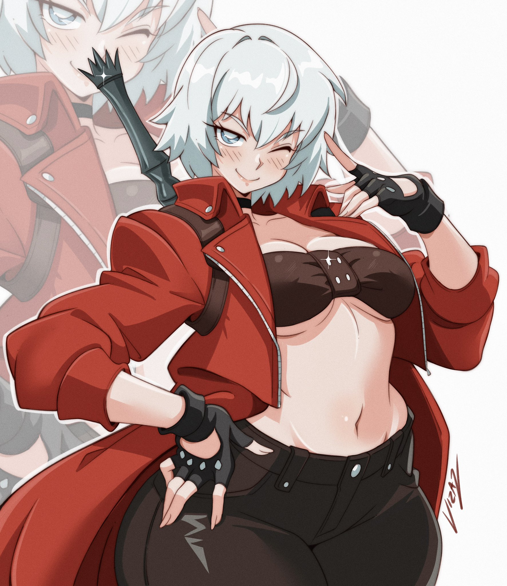belt bra, black choker, black gloves, blue eyes, breasts, brown pants, choker, cleavage, coat, dante (devil may cry), devil may cry, devil may cry (series), devil may cry 3, female, fingerless gloves, genderswap (mtf), gloves, highres, looking at viewer, navel, one eye closed, pants, rebellion (sword), red coat, rule 63, short hair, smile, solo, sword, vizaz, weapon, white hair, wide hips